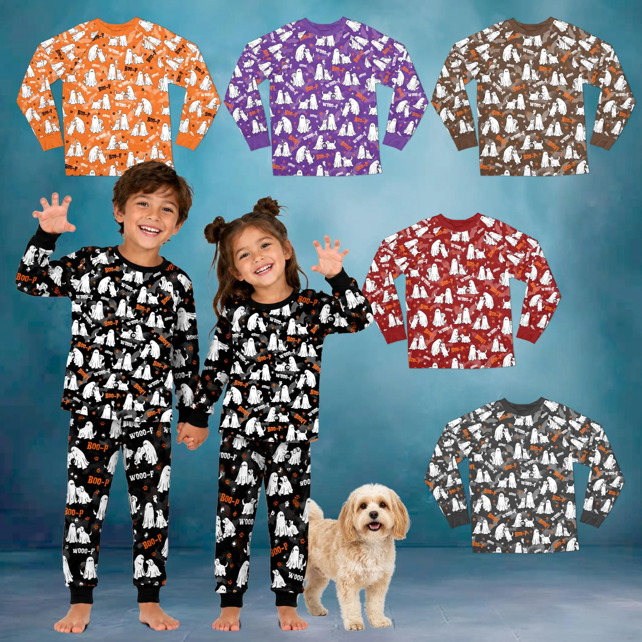 Spooky Ghost Dog Pajama Set, Halloween Ghost Puppy PJs, Cute Ghost Pattern Sleepwear, Long Sleeve Halloween Loungewear, Unisex Family PJs - image 3