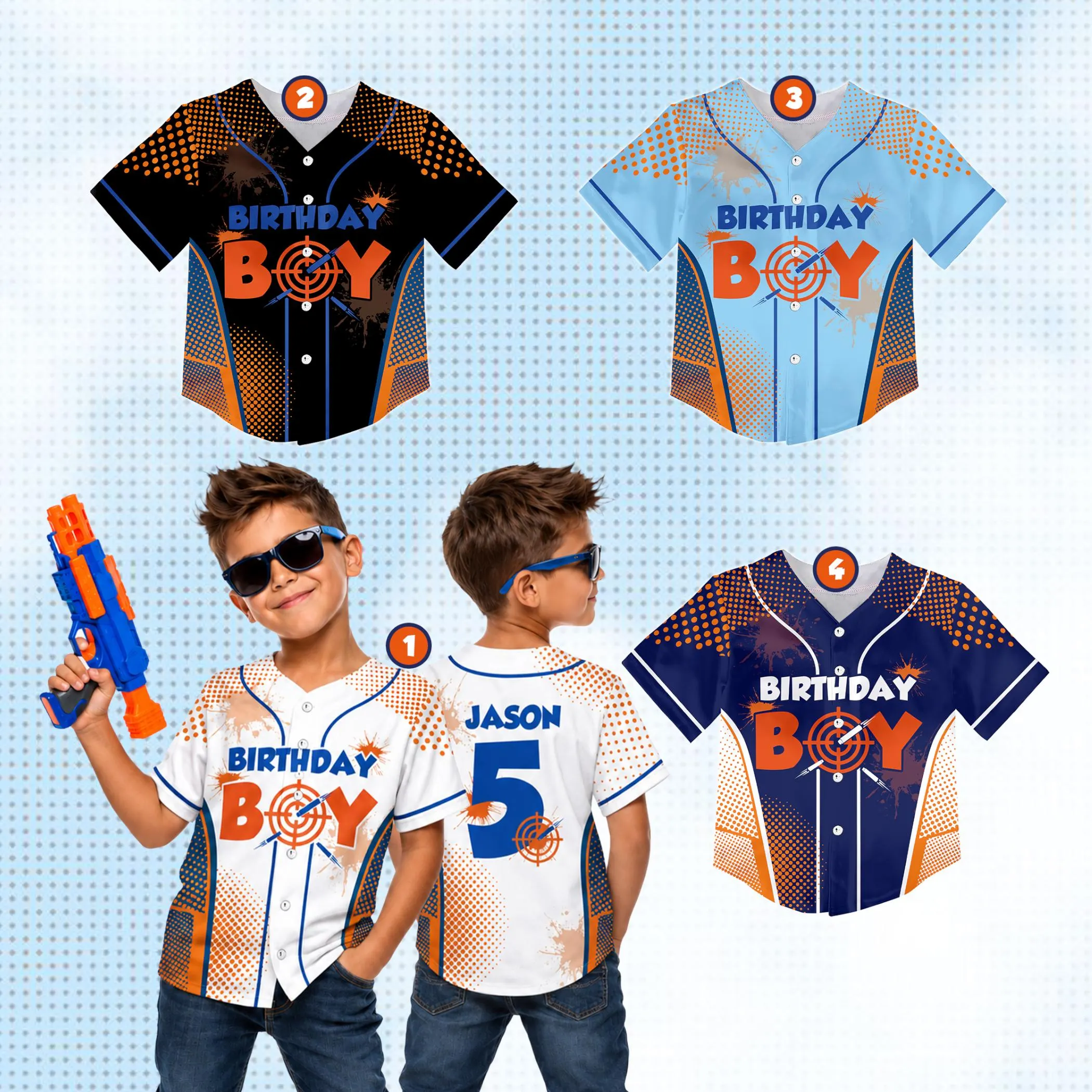Personalized Kids Birthday Baseball Jersey, Custom Name Age Birthday Jersey, Toy Blaster Birthday Boy Jersey, Birthday Party Outfit for Boys
