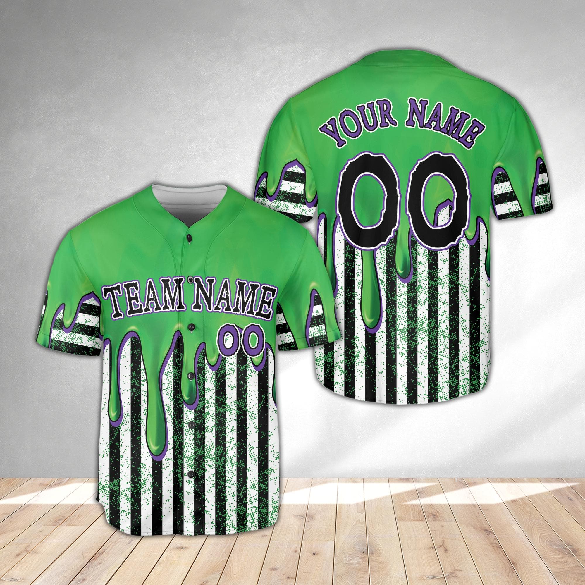 Custom Slime Green Stripe Halloween Jersey, Dripping Spooky Season Baseball Jersey, Trick Or Treat Squad, Personalized Stripe Halloween Gift