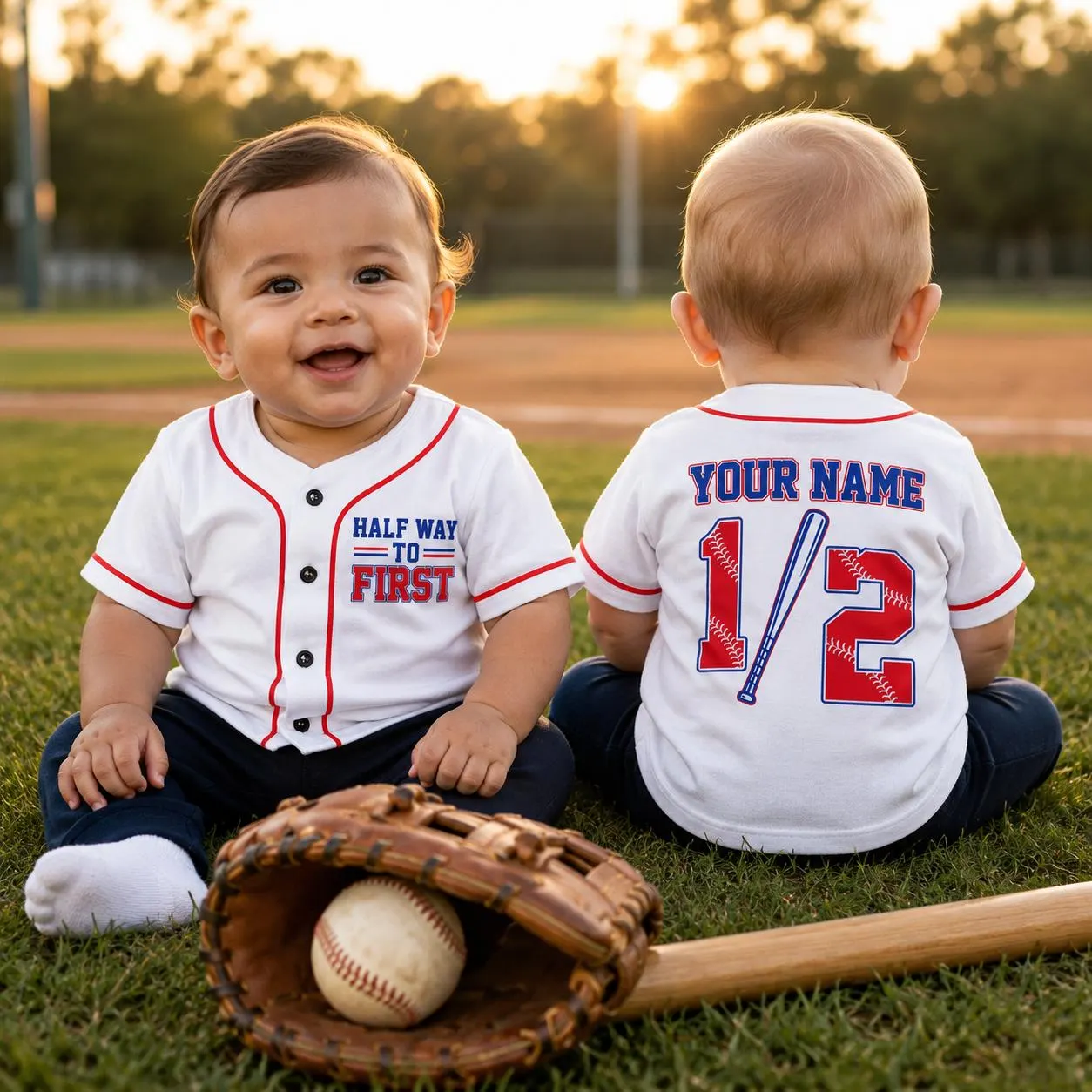 Personalized Half Way To First Baby Jersey, Custom Name Number Baseball Jersey, 6 Month Half Birthday Milestone Outfit for Baby