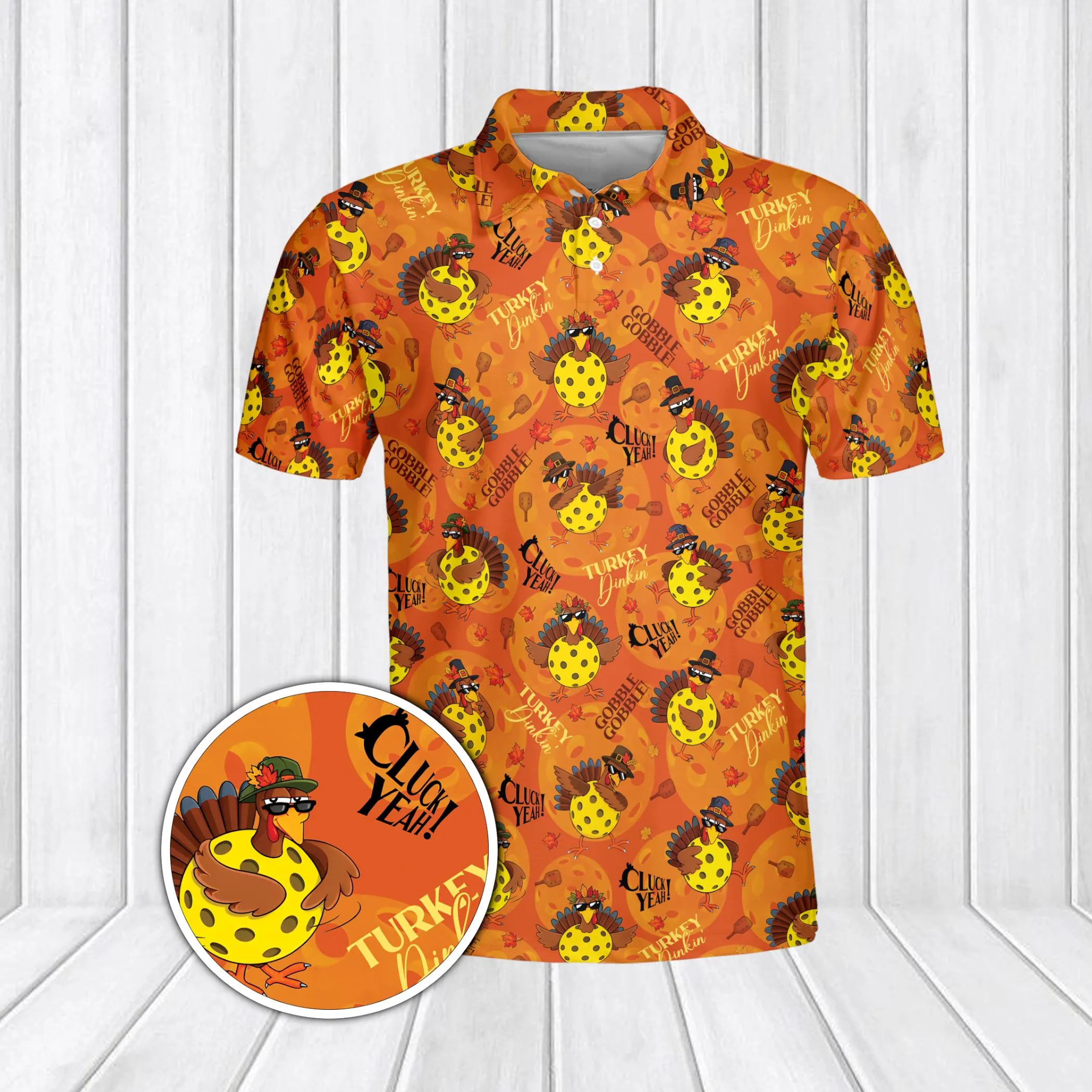 Thanksgiving Turkey Polo for Pickleball Lovers, Fun Holiday Graphic Performance Shirt, Cluck Yeah Turkey Pattern, Unique Fall Sportswear - image 4