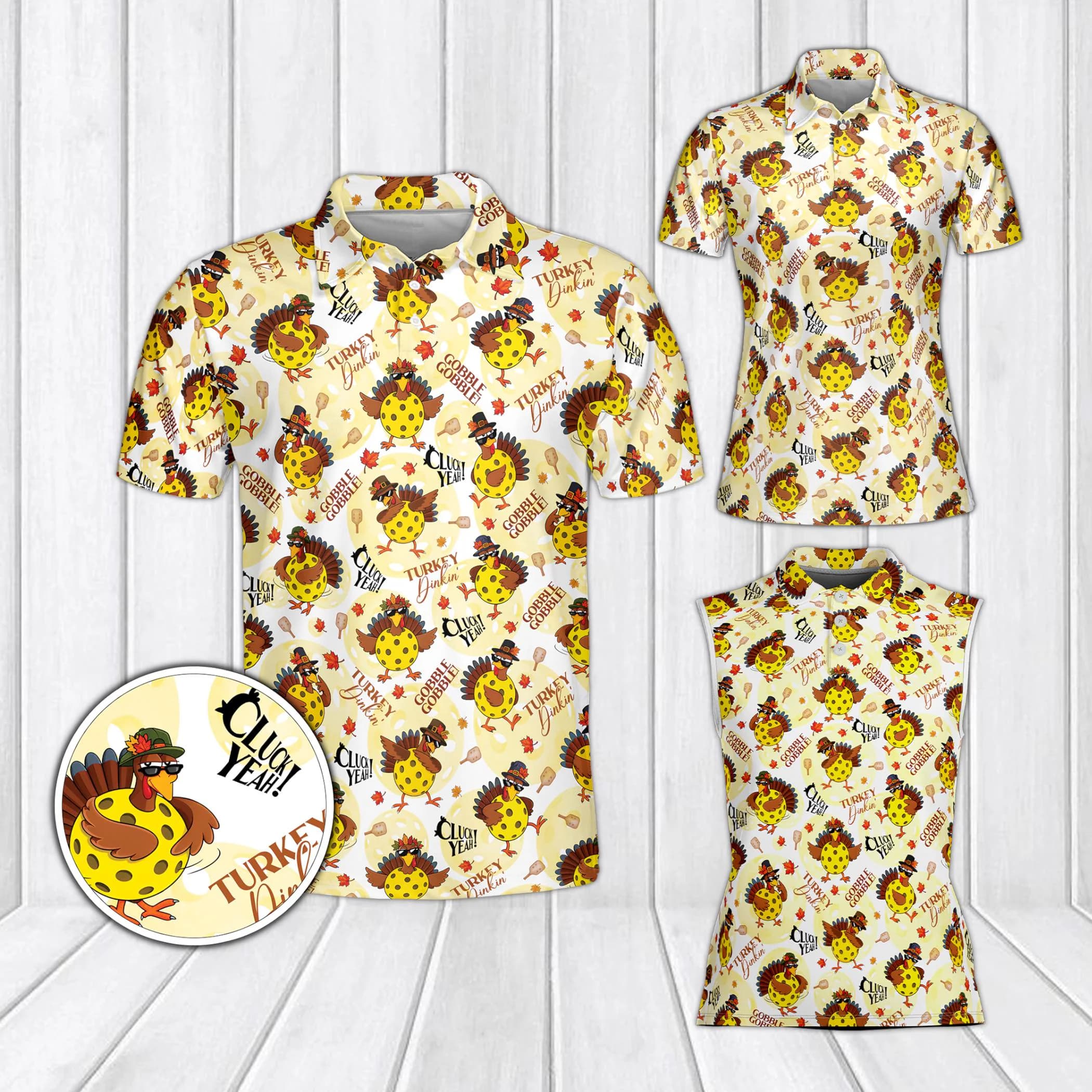 Thanksgiving Turkey Polo for Pickleball Lovers, Fun Holiday Graphic Performance Shirt, Cluck Yeah Turkey Pattern, Unique Fall Sportswear