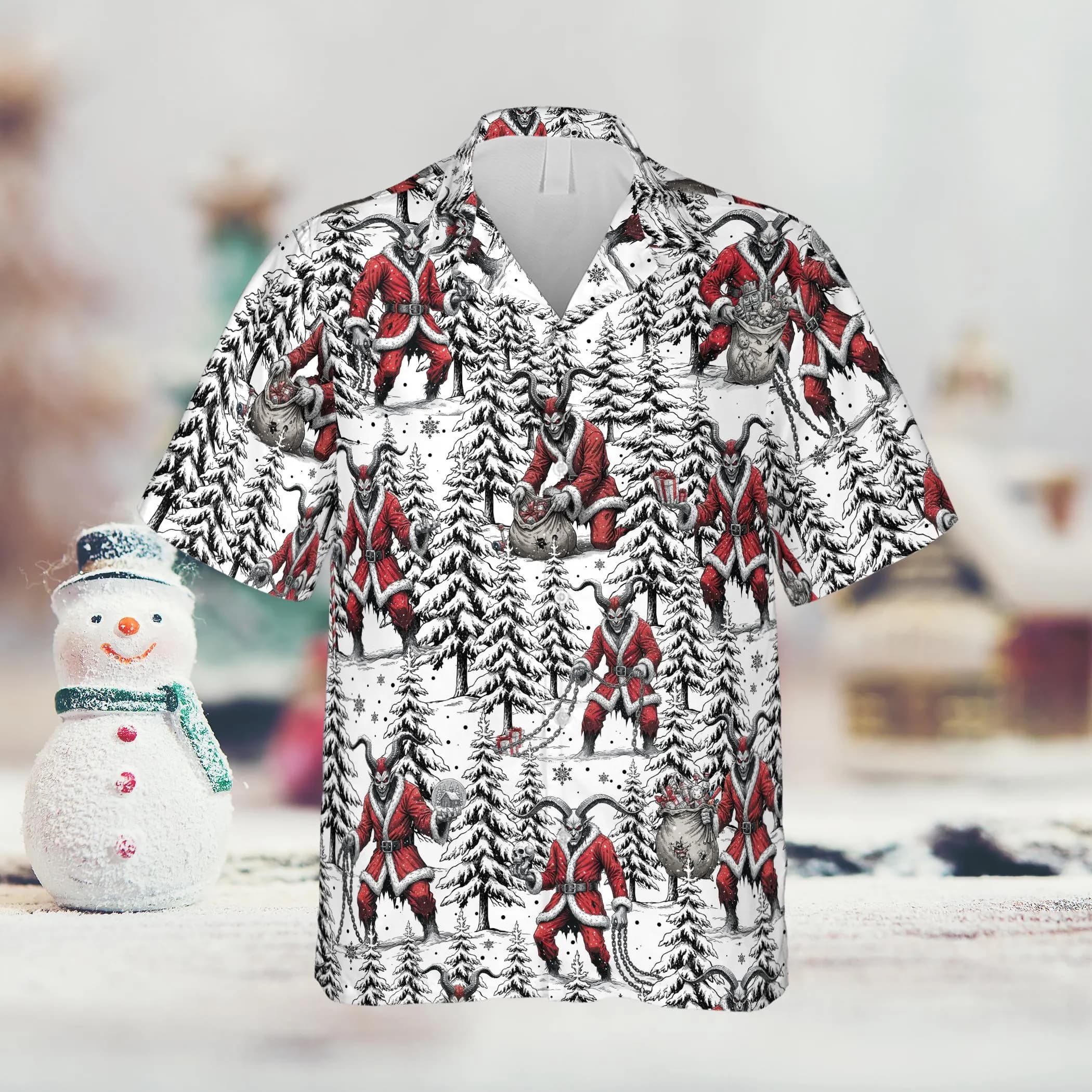 Funny Krampus Santa Christmas Hawaiian Shirt, Creepy Christmas Button Shirt, Creepmas Xmas Gift