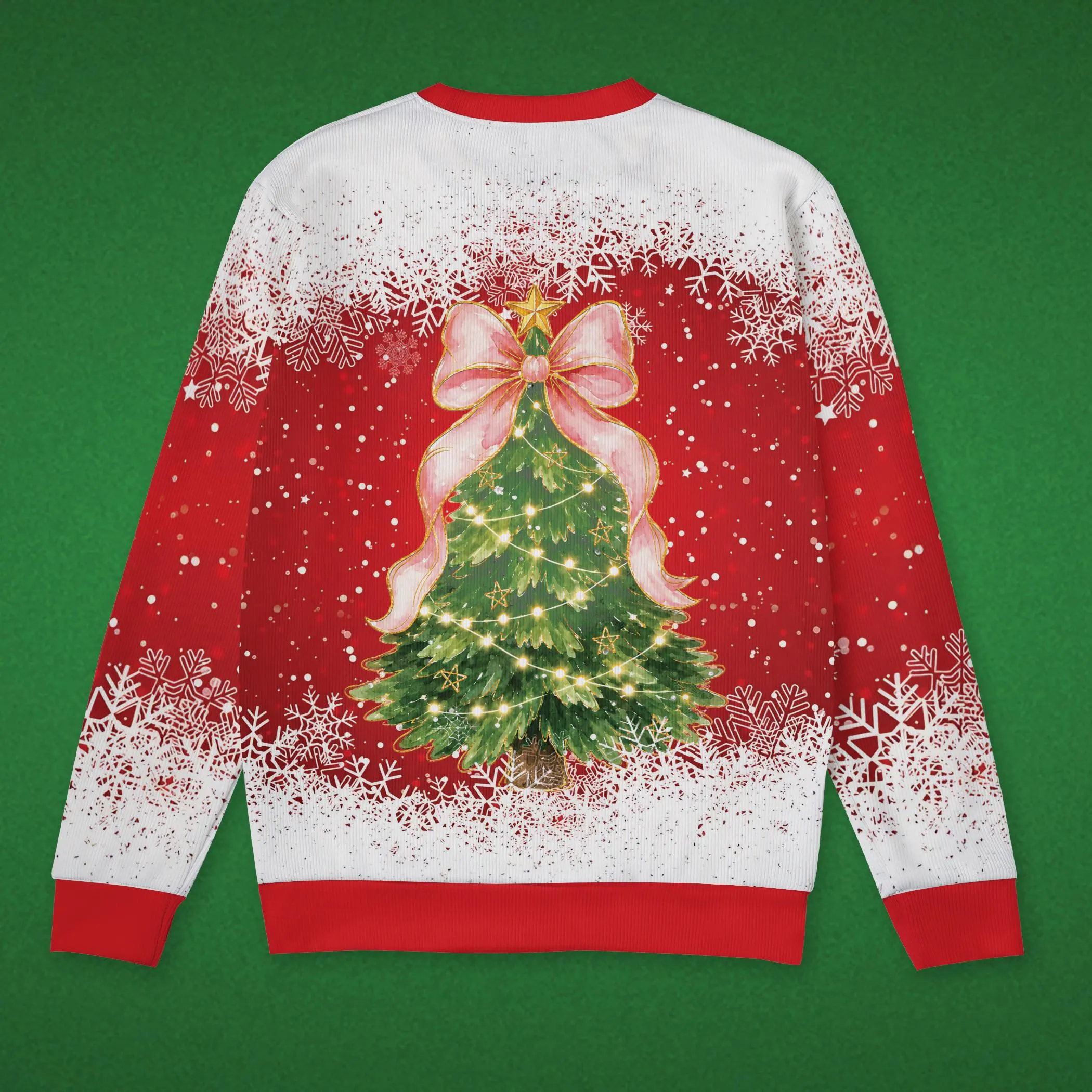 Watercolor Christmas Tree Shirt, Pink Ribbon Bow Holiday Sweater, Red Snowflake Xmas Pullover, Festive Winter Gift for Him and Her - image 4
