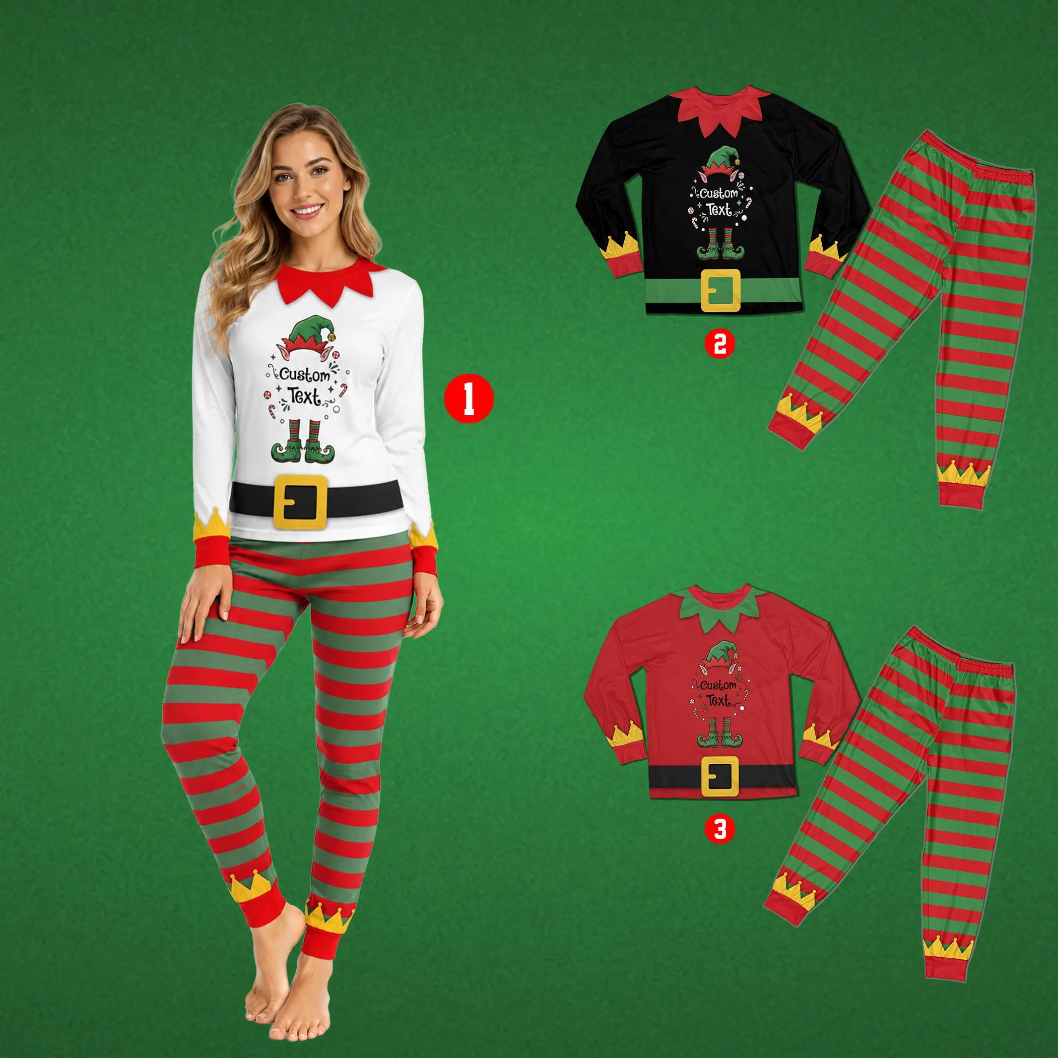 Personalized Family Christmas PJs, Elf Costume Pajamas, Custom Text Holiday Loungewear, Green Red Striped Pajamas, Christmas Eve Gift