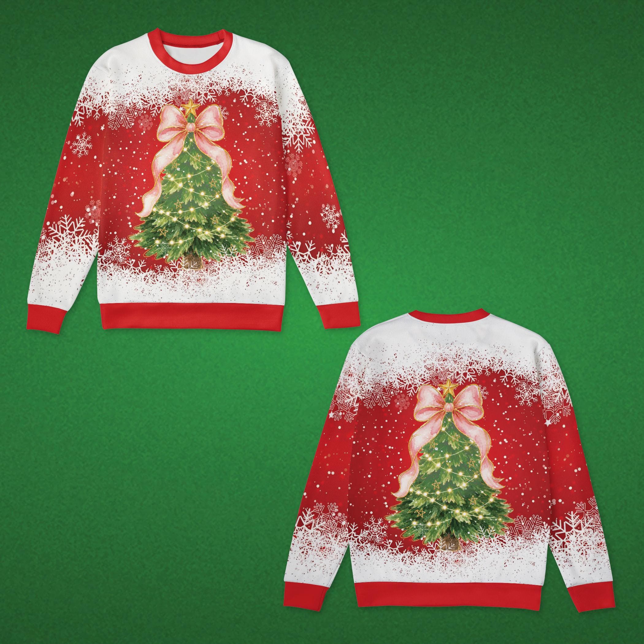 Watercolor Christmas Tree Shirt, Pink Ribbon Bow Holiday Sweater, Red Snowflake Xmas Pullover, Festive Winter Gift for Him and Her