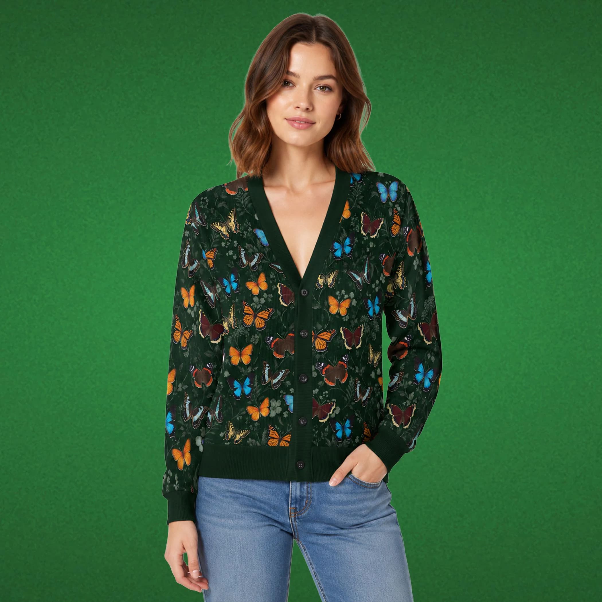 All Over Butterfly Print Cardigan, Dark Green Nature Sweater, Botanical Garden Knitted Top, Unisex Gift, Monarch and Swallowtail Design - image 3