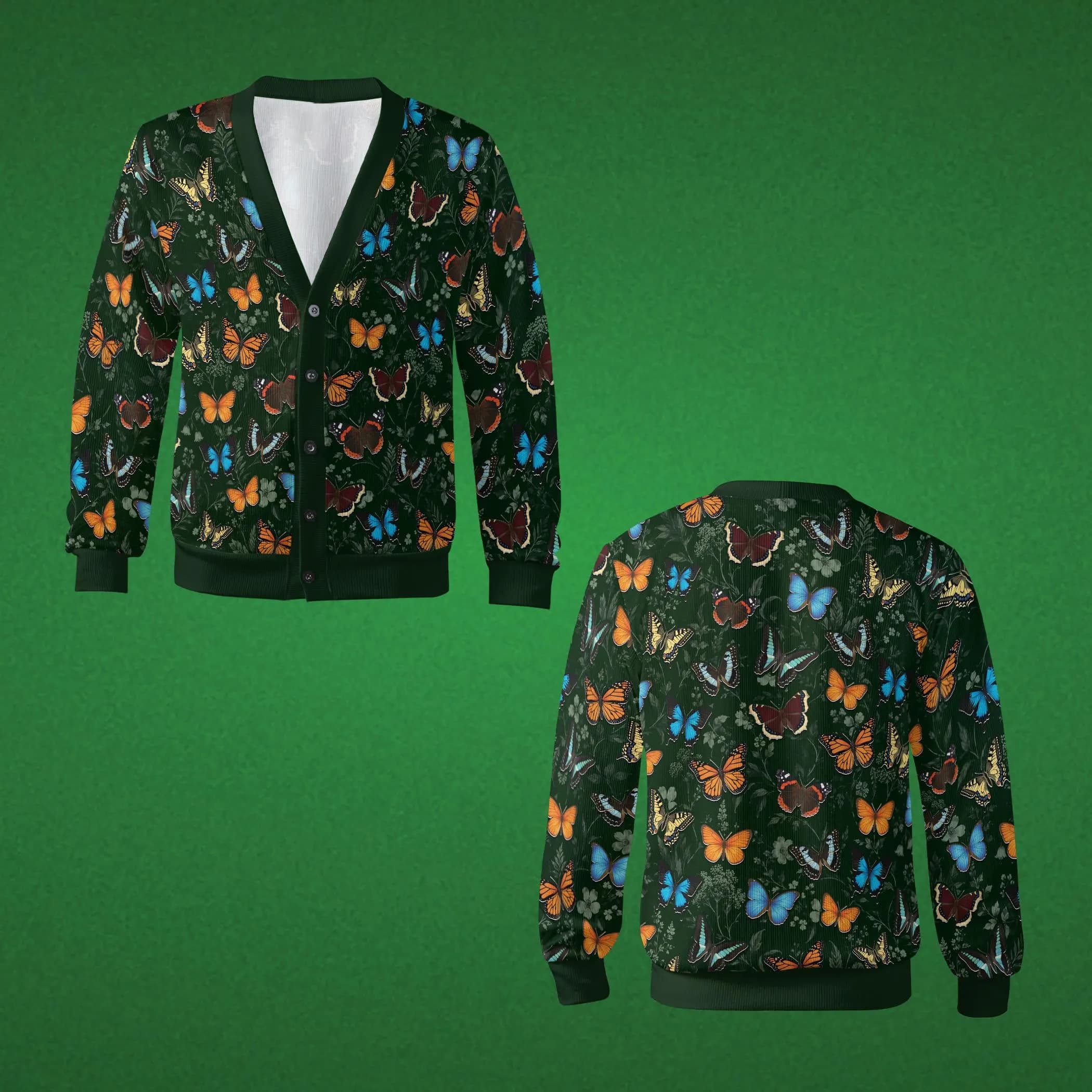 All Over Butterfly Print Cardigan, Dark Green Nature Sweater, Botanical Garden Knitted Top, Unisex Gift, Monarch and Swallowtail Design
