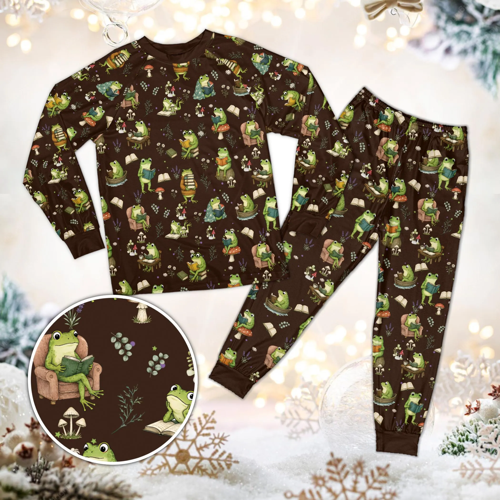 Frog in Armchair Pajamas, Reading on Mushroom Sleepwear, Whimsical Nature PJs, Dark Academia Toad Lounge Set, Long Pajama Set for All