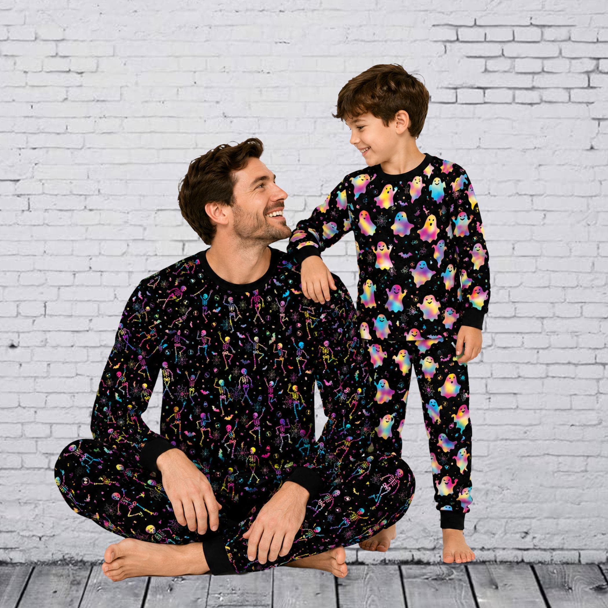 Spooky Neon Halloween Pajamas, Dancing Skeleton BOO Ghost Family Matching PJs for Adults Kids, Pumpkin Candy Corn Sleepwear