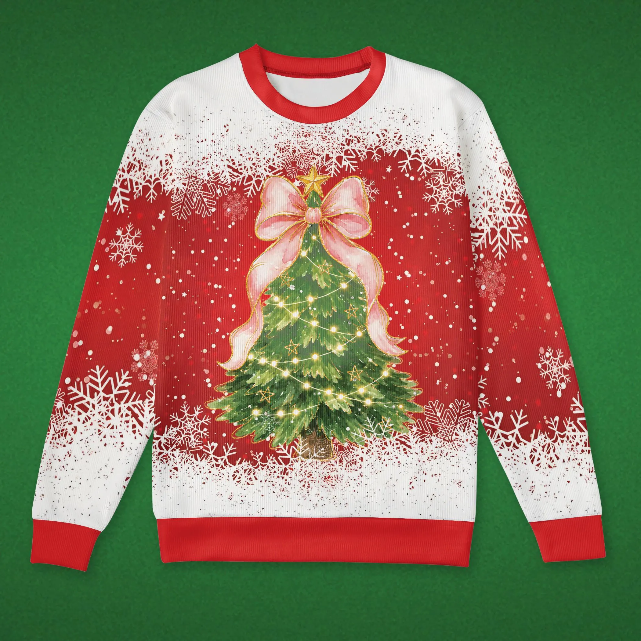 Watercolor Christmas Tree Shirt, Pink Ribbon Bow Holiday Sweater, Red Snowflake Xmas Pullover, Festive Winter Gift for Him and Her - image 3