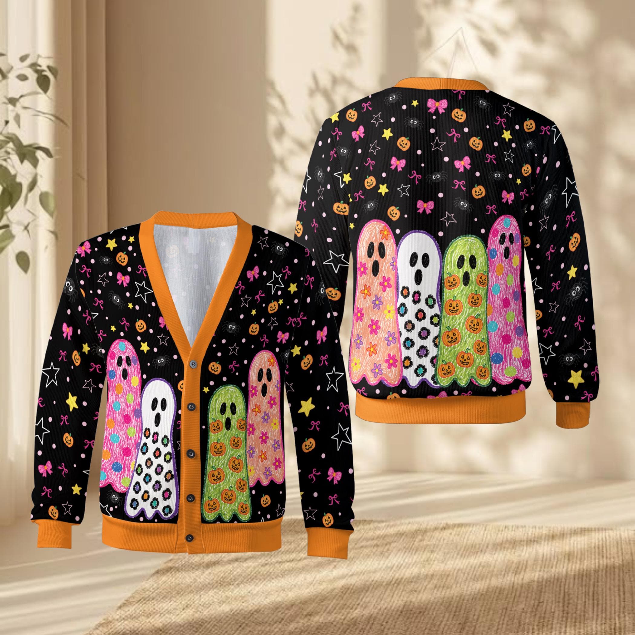 Colorful Doodle Ghost Cardigan, Halloween Knitted Sweater with Bows and Stars, Spooky Cute Pumpkin Outerwear, Unisex Fall Holiday Fashion