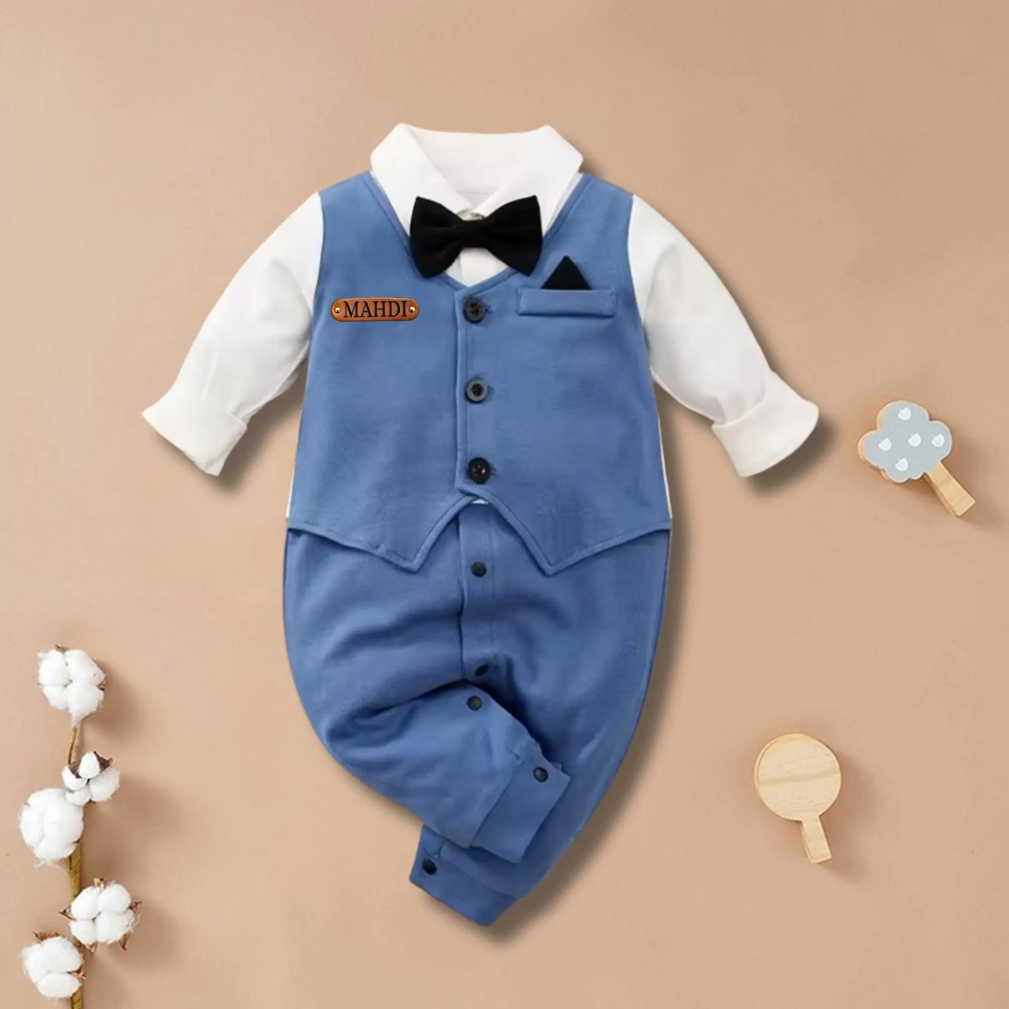 Dusty blue tuxedo baby onesie, front view