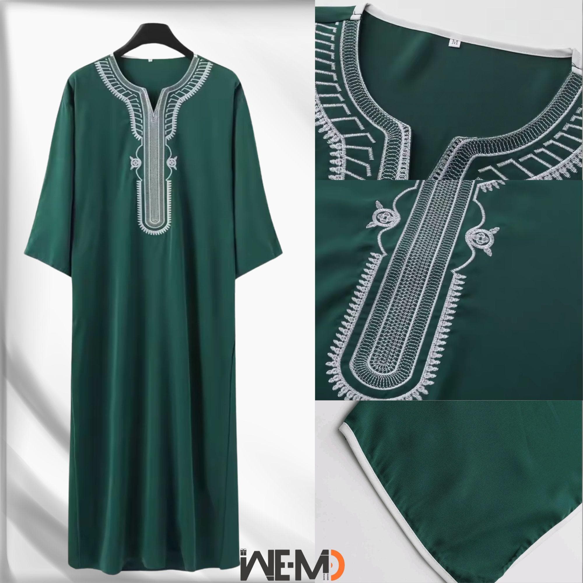May include: A long-sleeved, green, collared men's Abaya with white embroidery around the collar and down the front. The thobe has a v-neck and a relaxed fit.