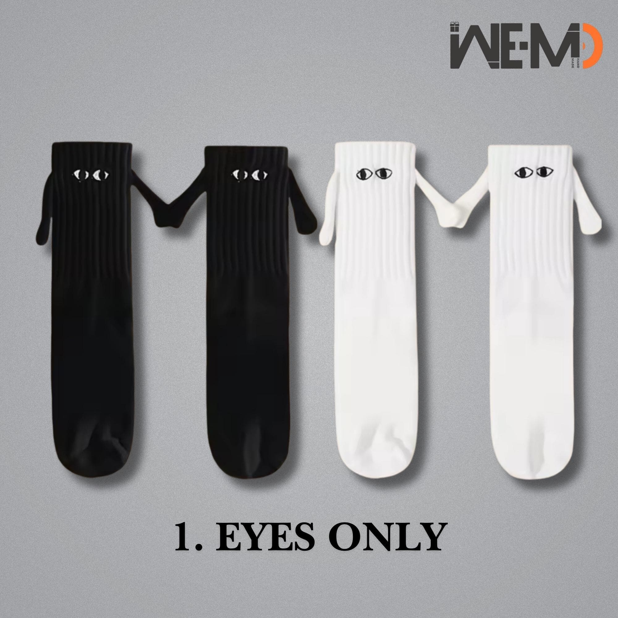 Magnetic socks eyes only design in black and white, holding hands socks for couples, minimalist cute style.