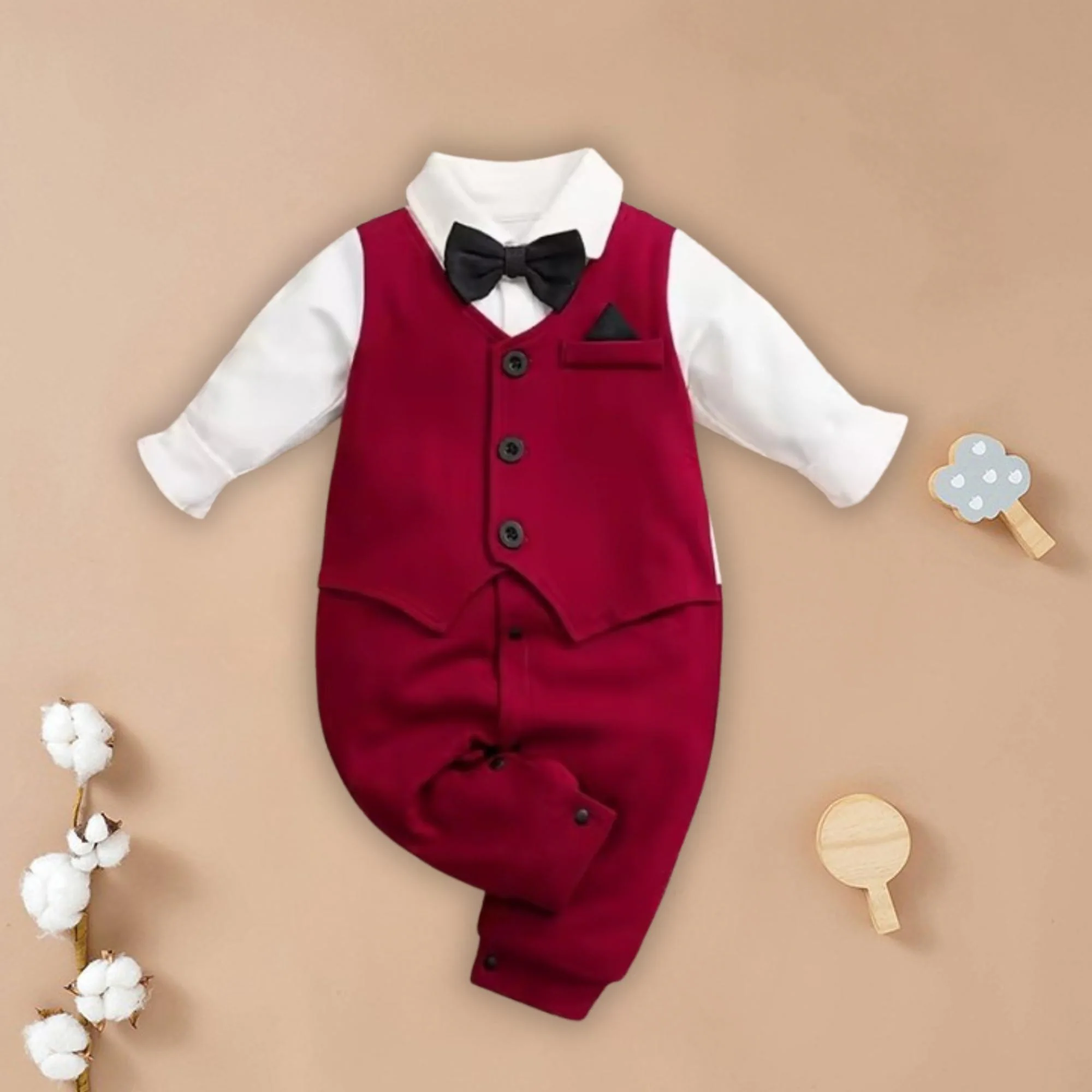 Red suit style baby romper, front view