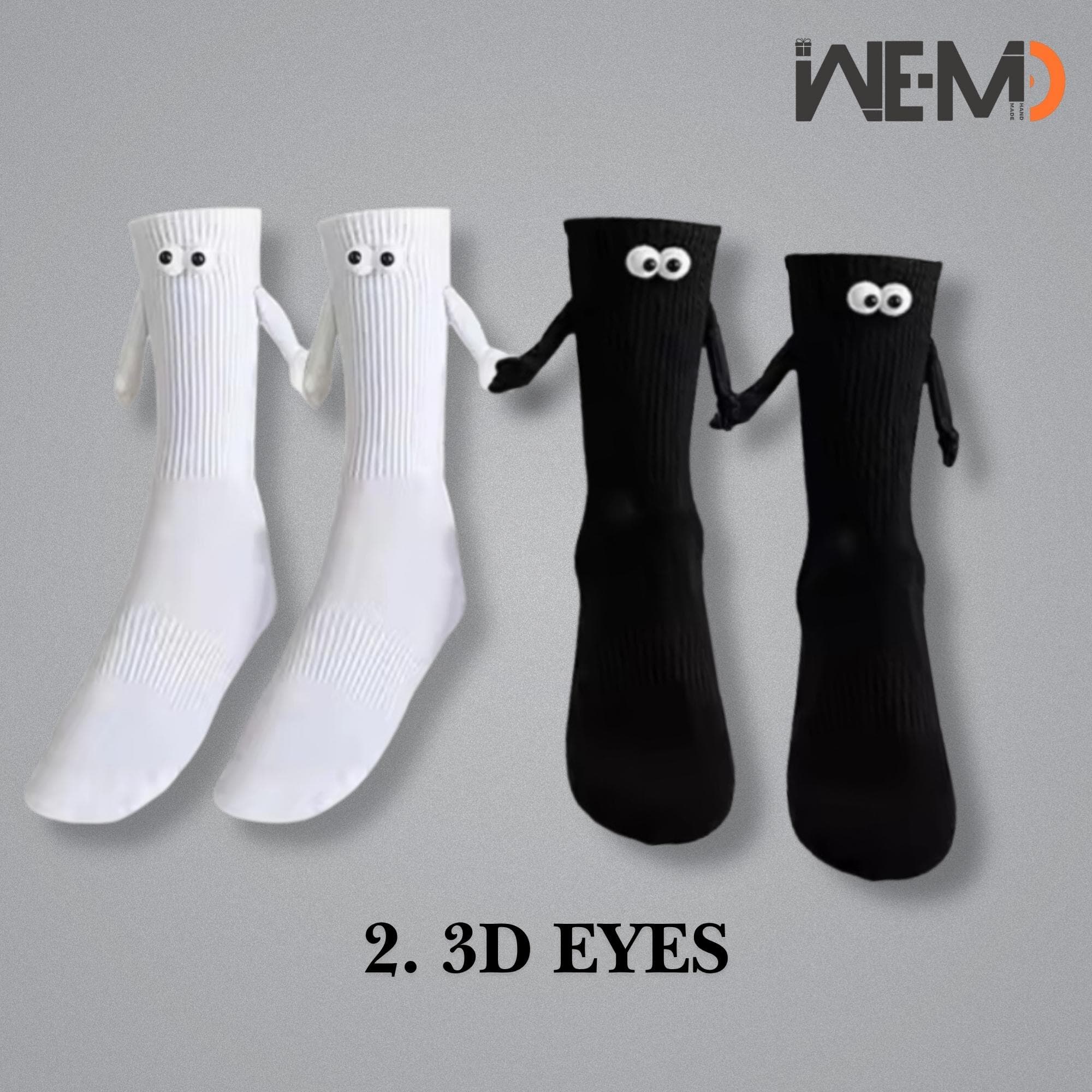 Funny magnetic socks with 3D eyes design in white and black, holding hands with magnets, cute couple gift.