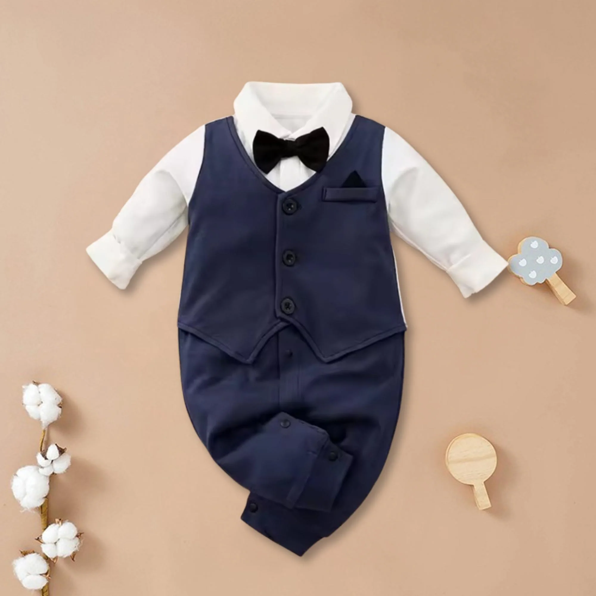 Navy tuxedo baby onesie, front view