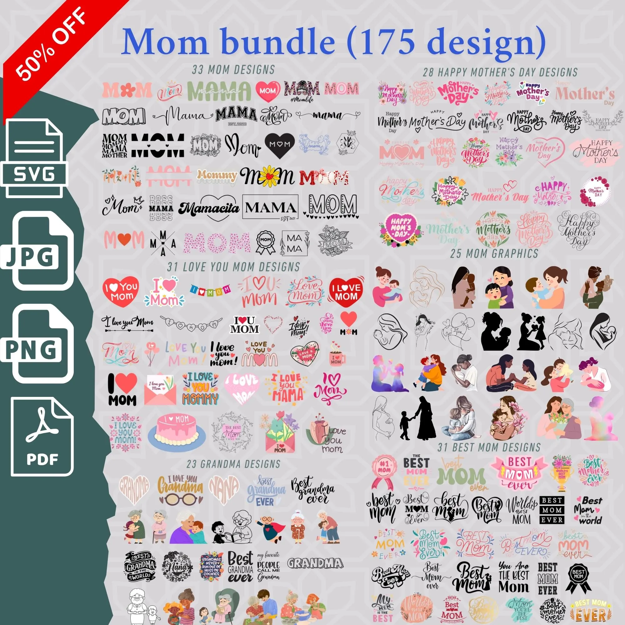 Mom SVG Bundle: 175 Mother's Day Designs (Digital Download)