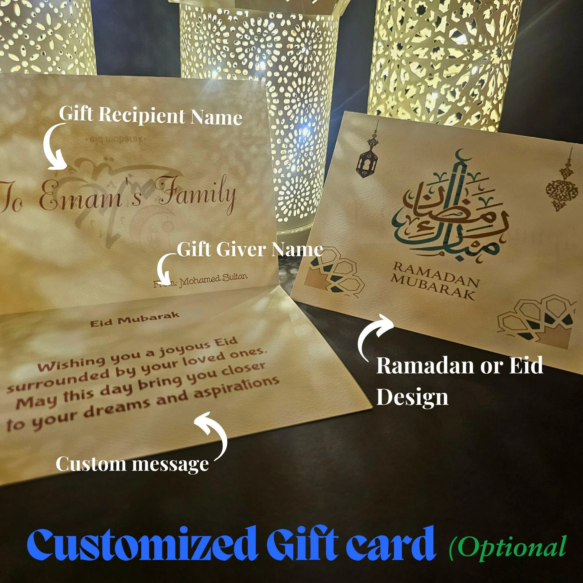 Customized Ramadan and Eid gift card with recipient and giver names, featuring a beautiful Islamic design. Includes a personal message, making it the perfect addition to Ramadan gifts, Eid presents, or Islamic home decor