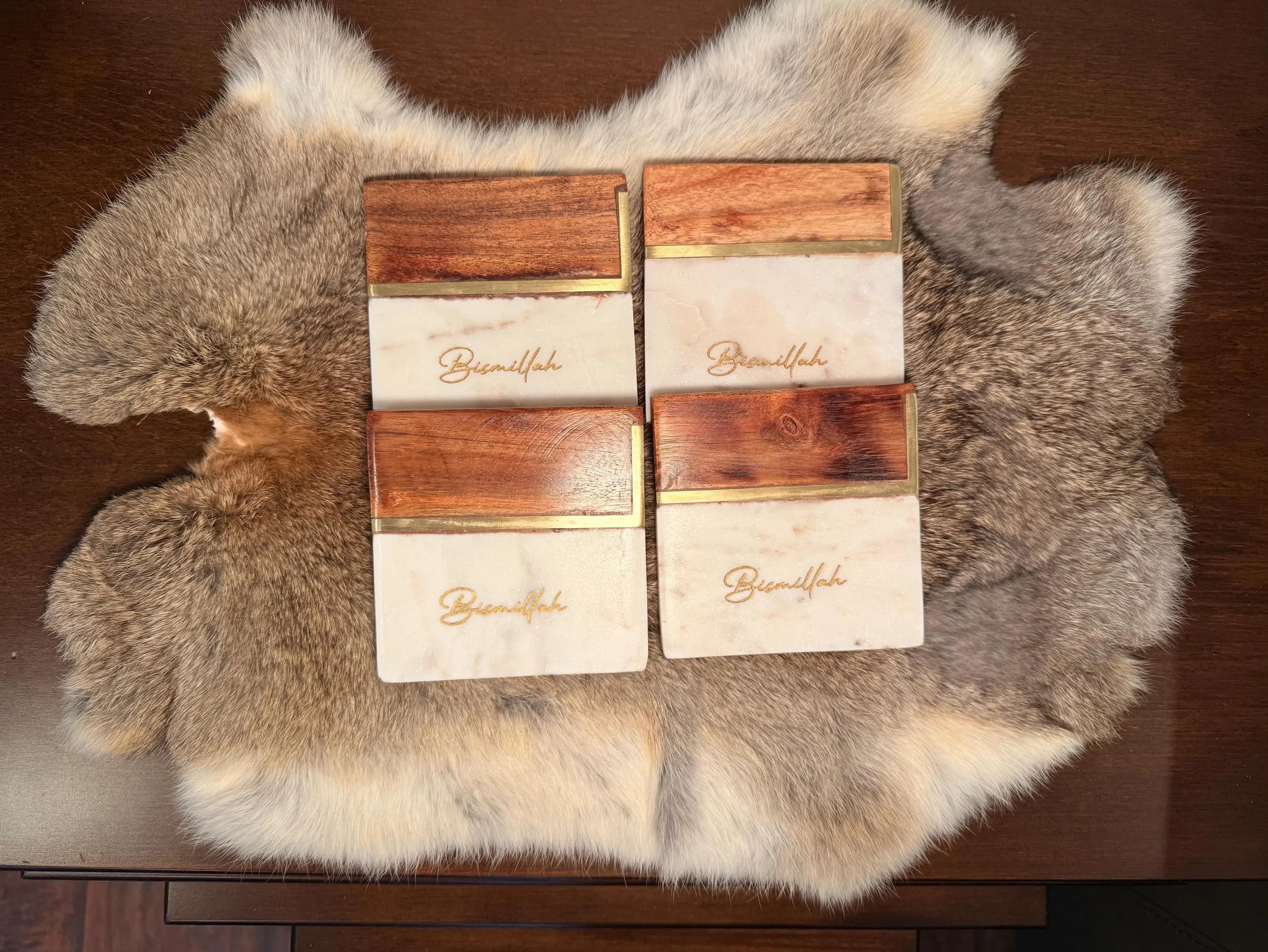 Engraved Bismillah Marble Coasters | Acacia Wood Islamic Decor - Wedding Gift