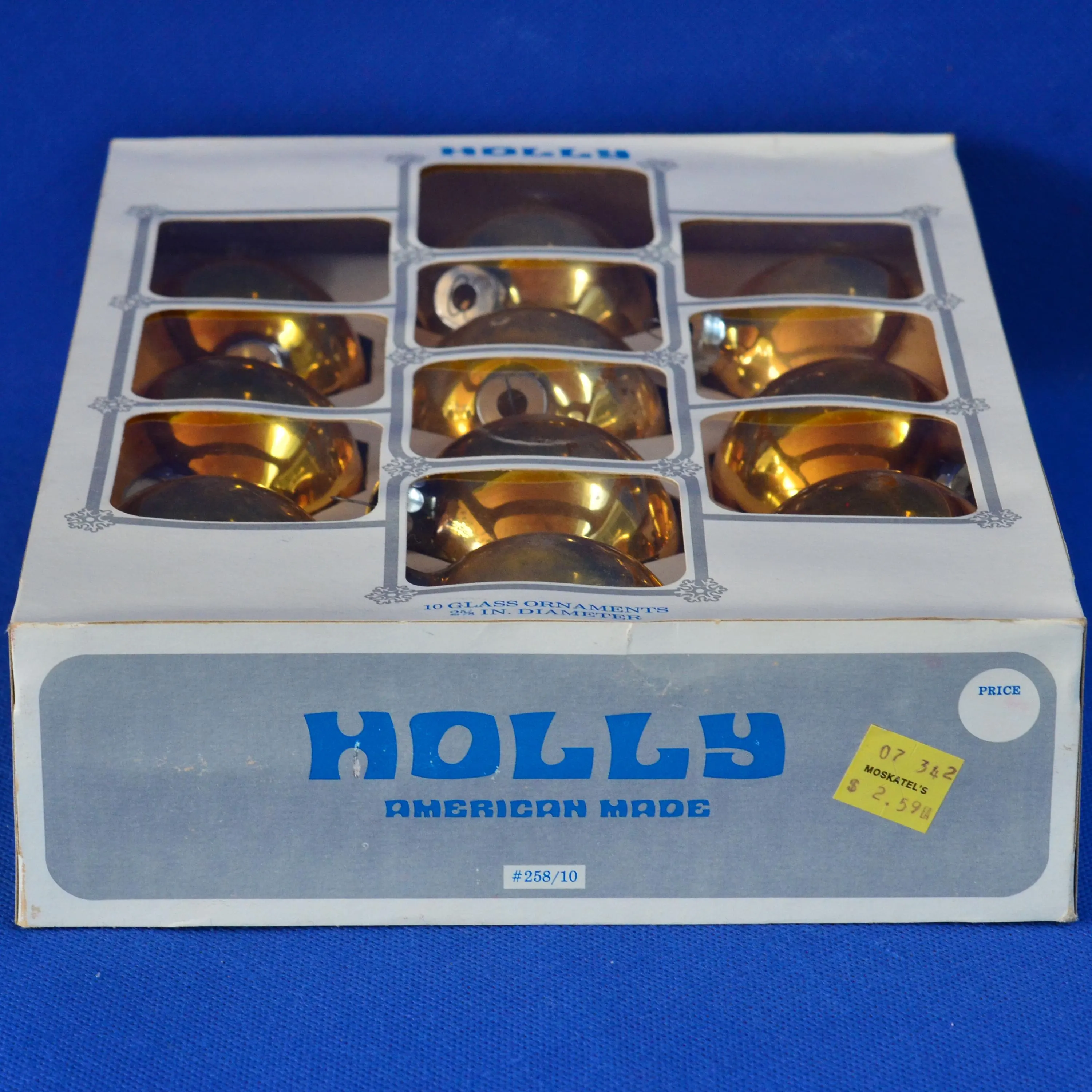 Holly Gold Mercury Glass Christmas 2 5/8 Inch Ornaments - Set of 10 Globe or Ball Ornaments in Original Box - American Made Holiday Decor - image 3