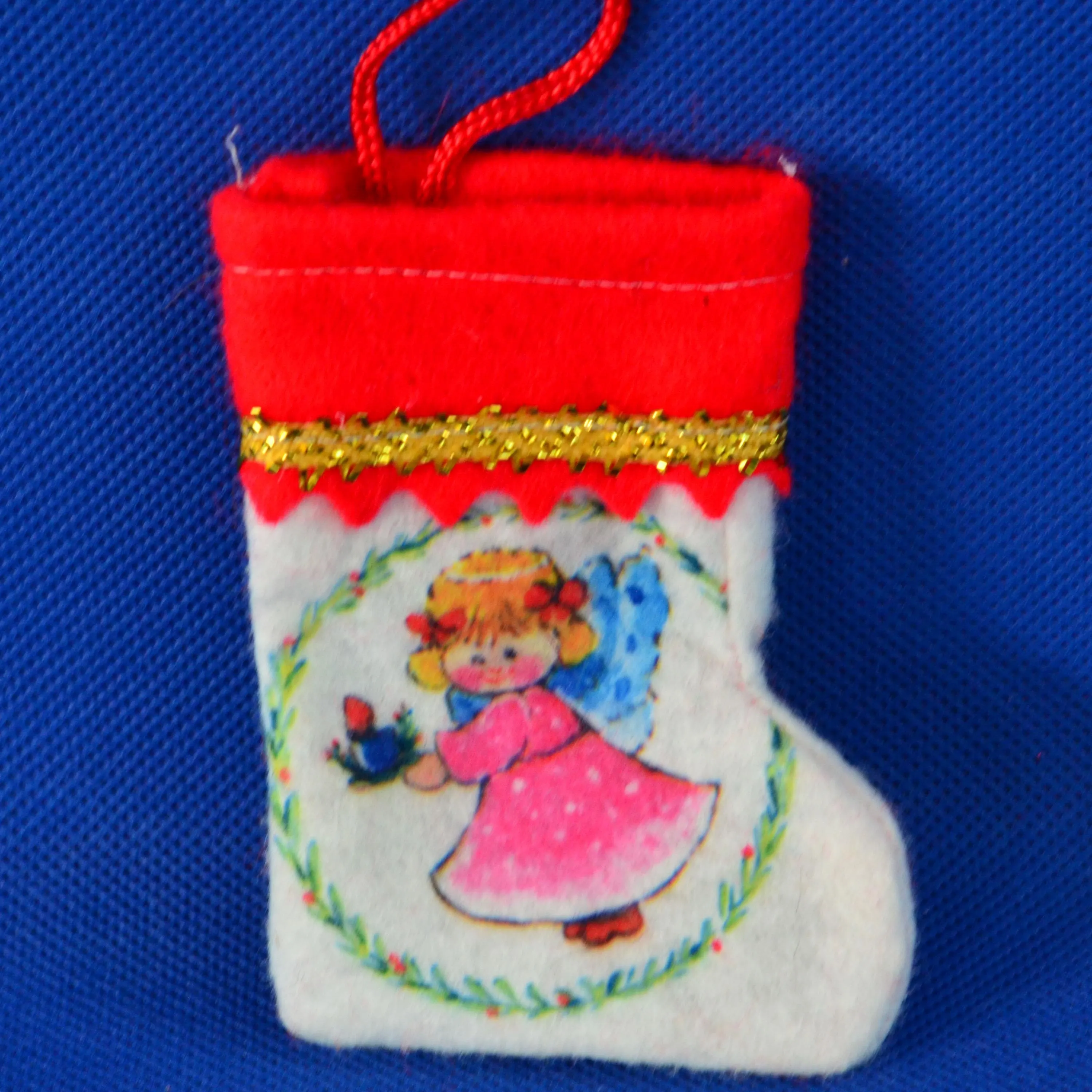 CHOICE of Miniature Felt Christmas White Stocking with Red Cuff & Braided Metallic Gold Trim - Santa, Clown, Angel - Holiday Christmas Decor - image 5