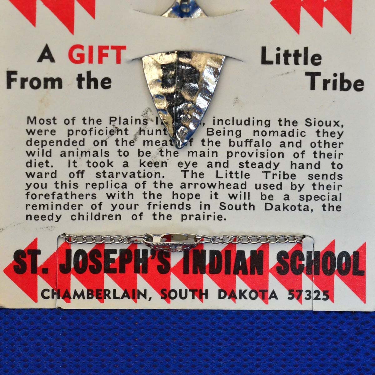 Vintage St Joseph's Indian School Chamberlain South Dakota Arrowhead Pendant Necklace - Souvenir - Original Card with Story - Little Tribe - image 3