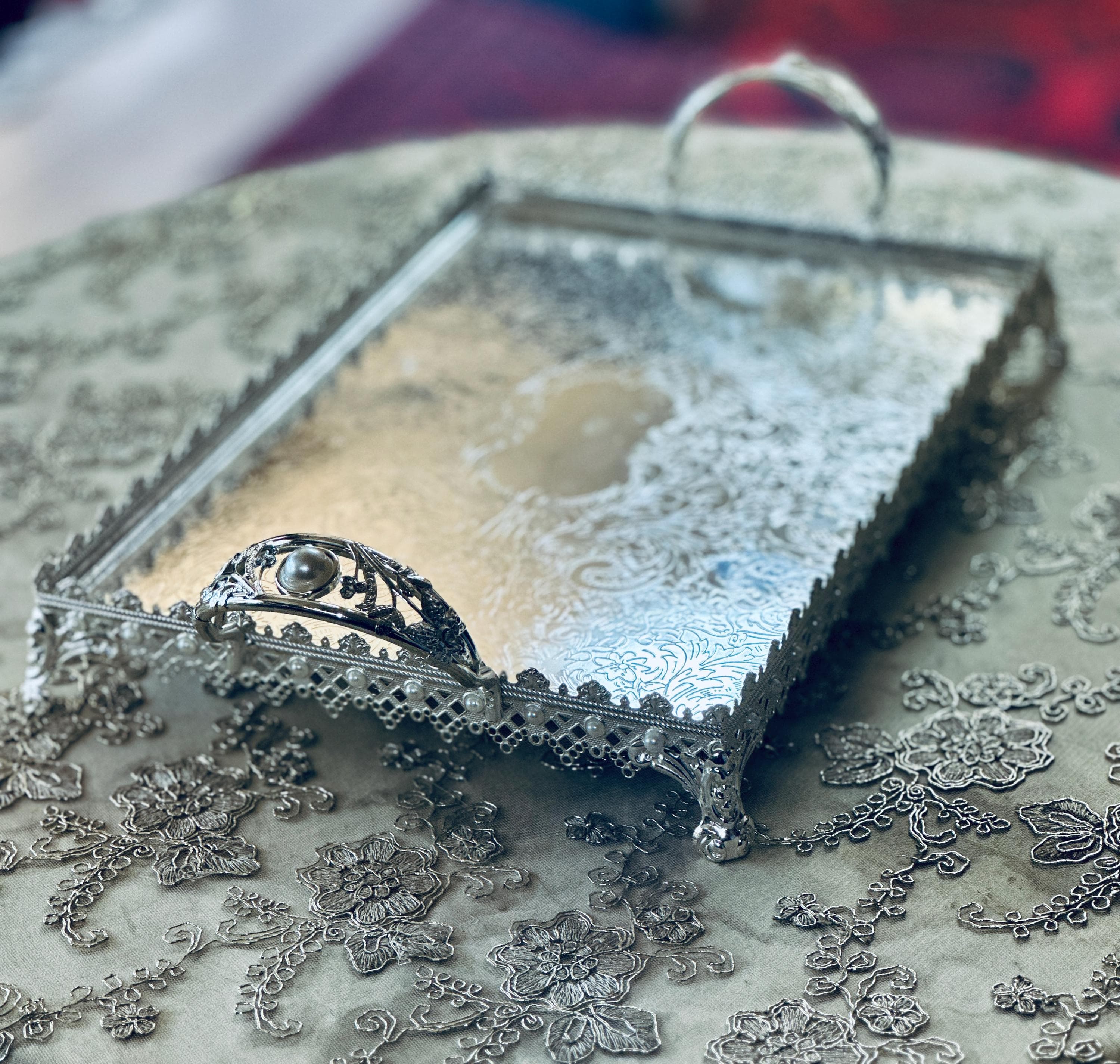 Small Silver Engraved Serving Tray with Pearl Handles & Feet