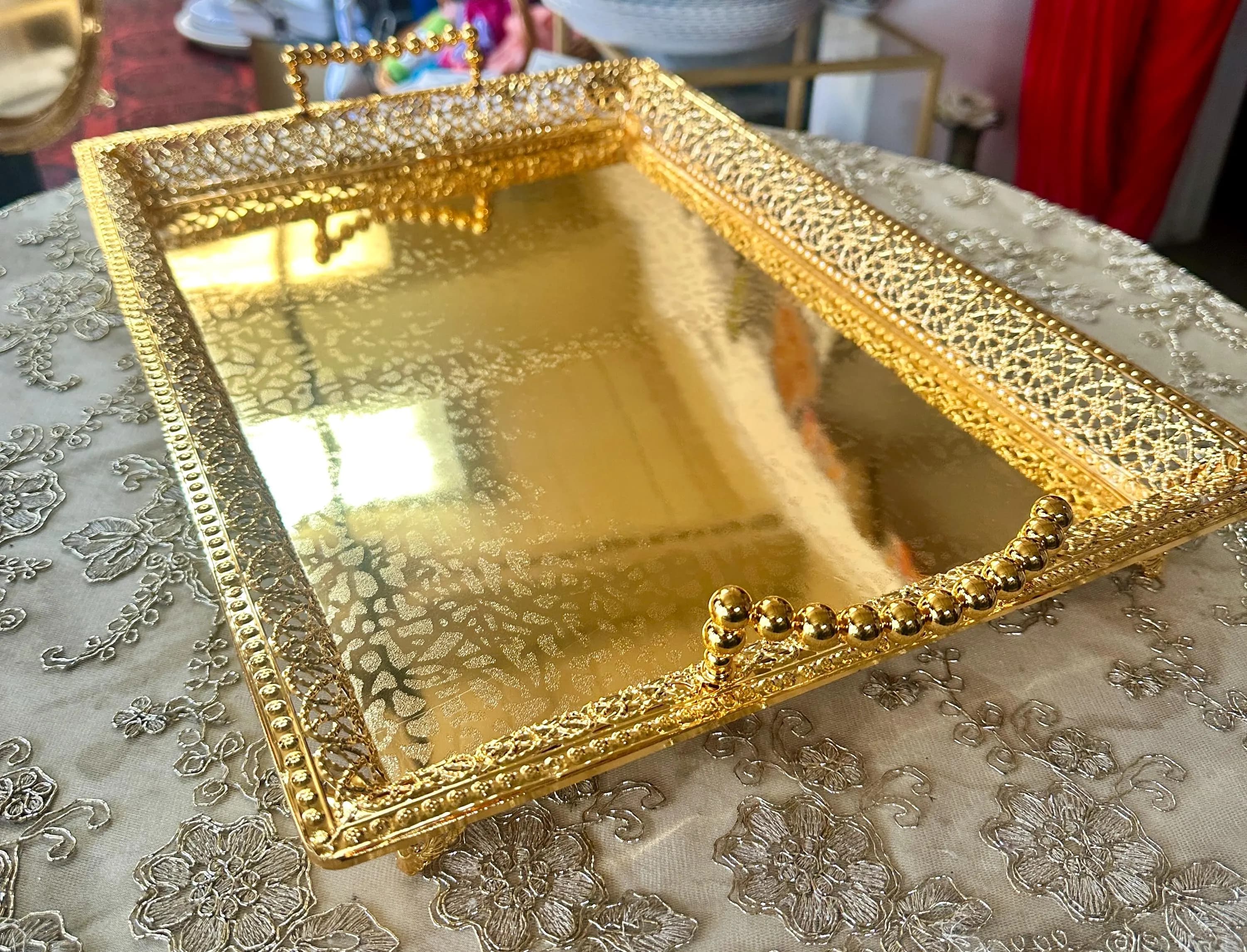 Ornate Gold Filigree Serving Tray with Beaded Handles & Feet - Medium