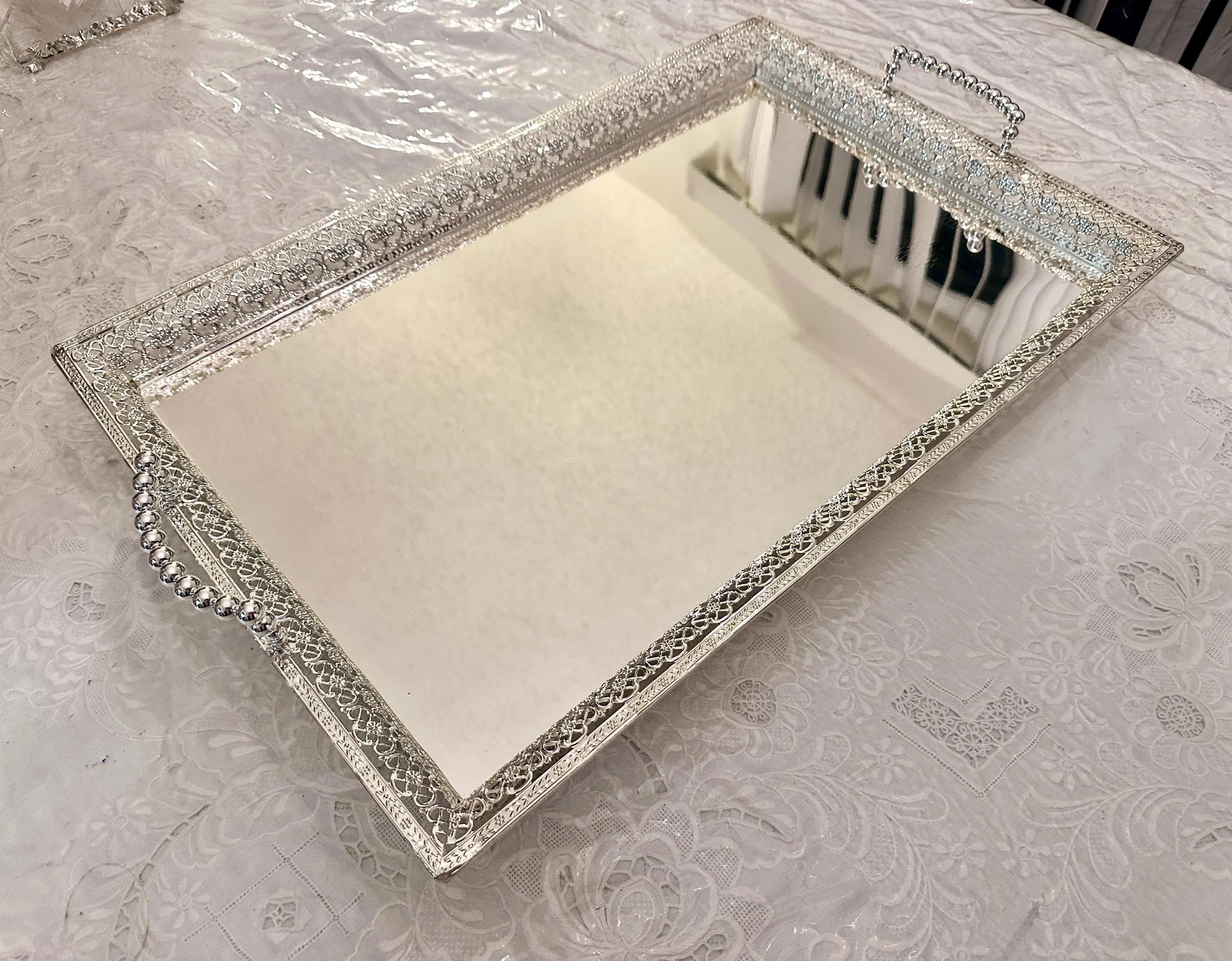 Ornate Silver Filigree Serving Tray with Beaded Handles & Feet - Medium