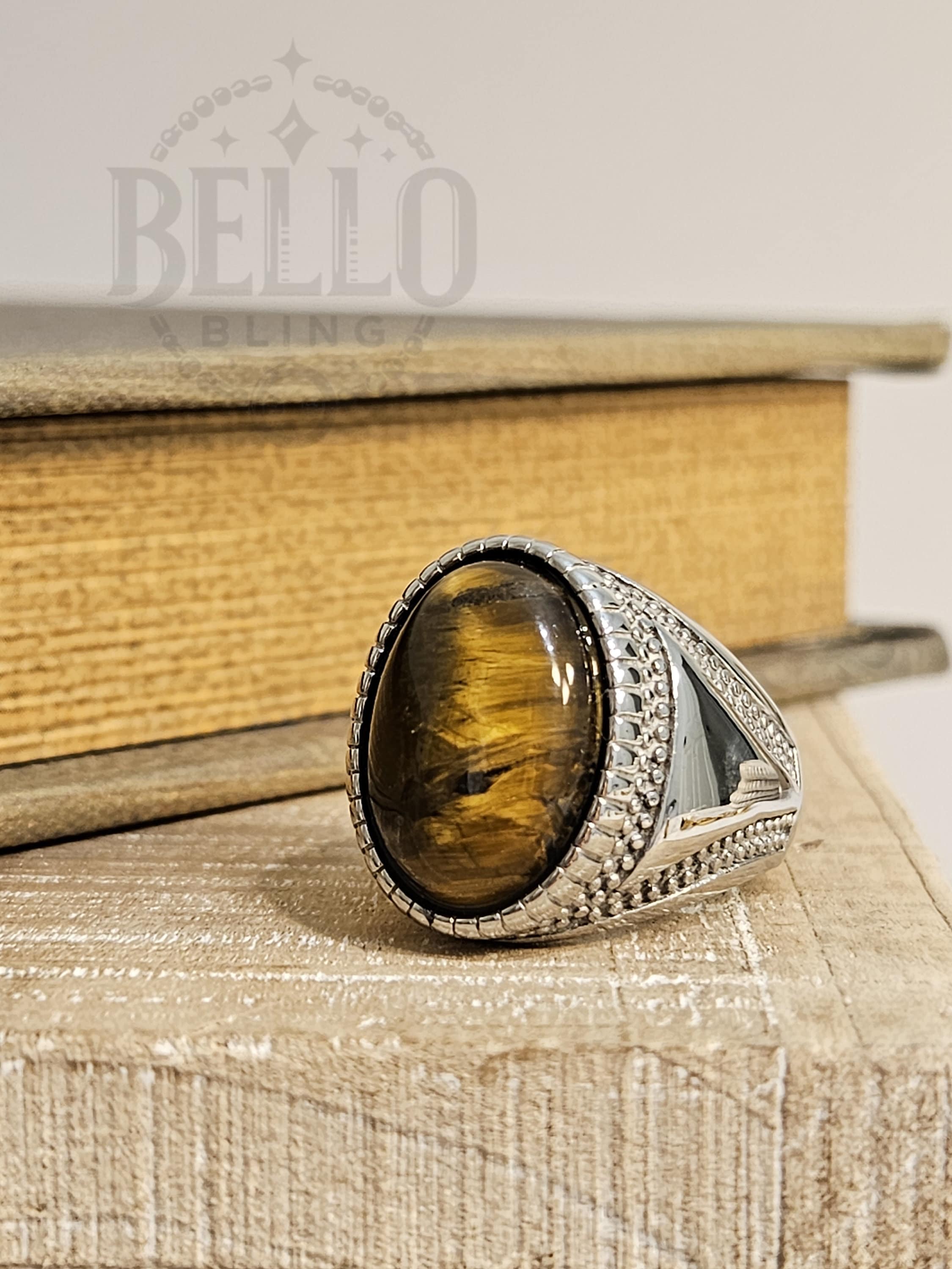 Men's Tiger Eye Signet Ring: Stainless Steel Comfort Band