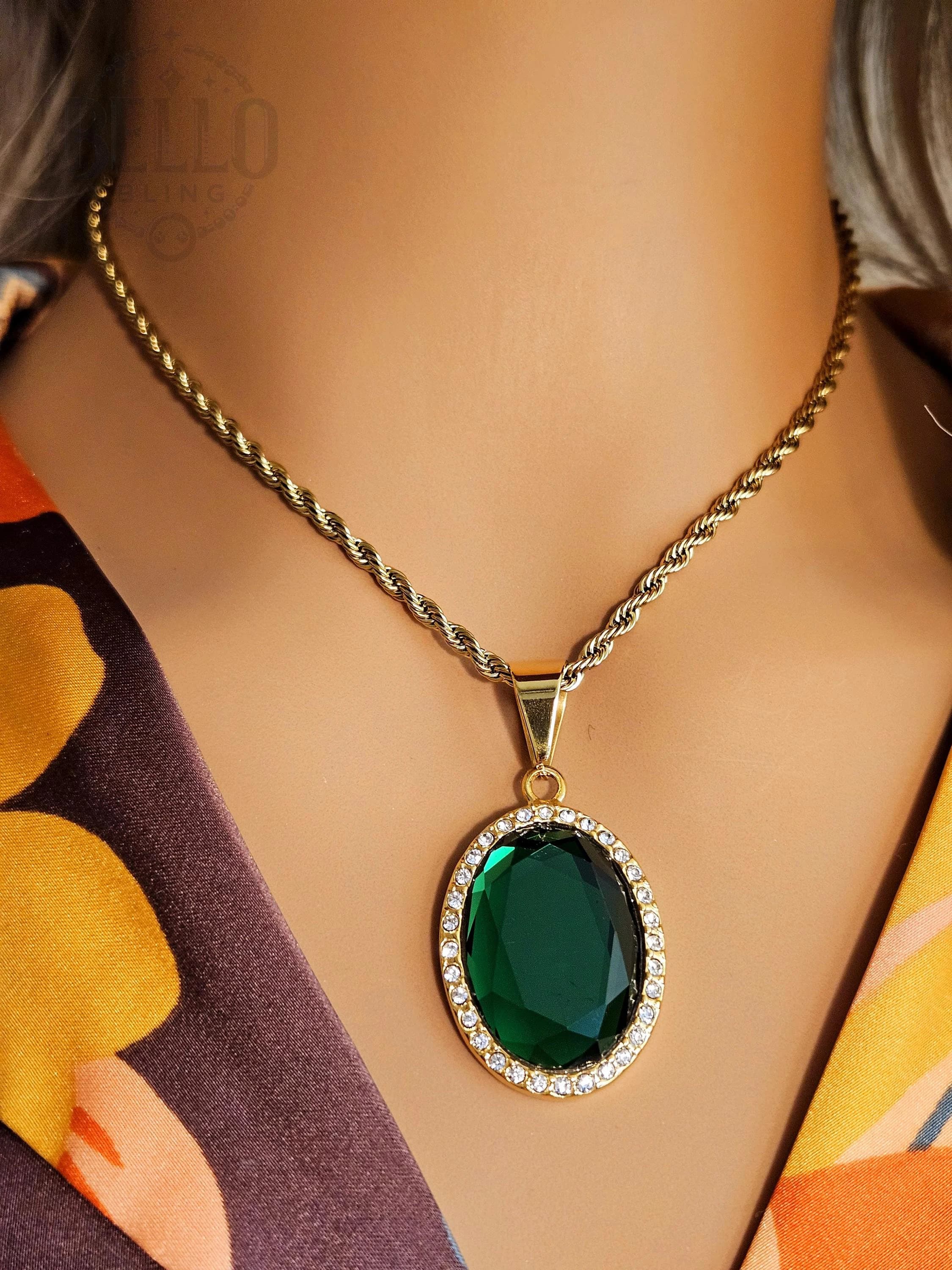 Emerald Green Statement Necklace - Gold Finish, Hypoallergenic, Sparkling CZ Accents, Luxury Pendant, Elegant Jewelry, Unique Gift