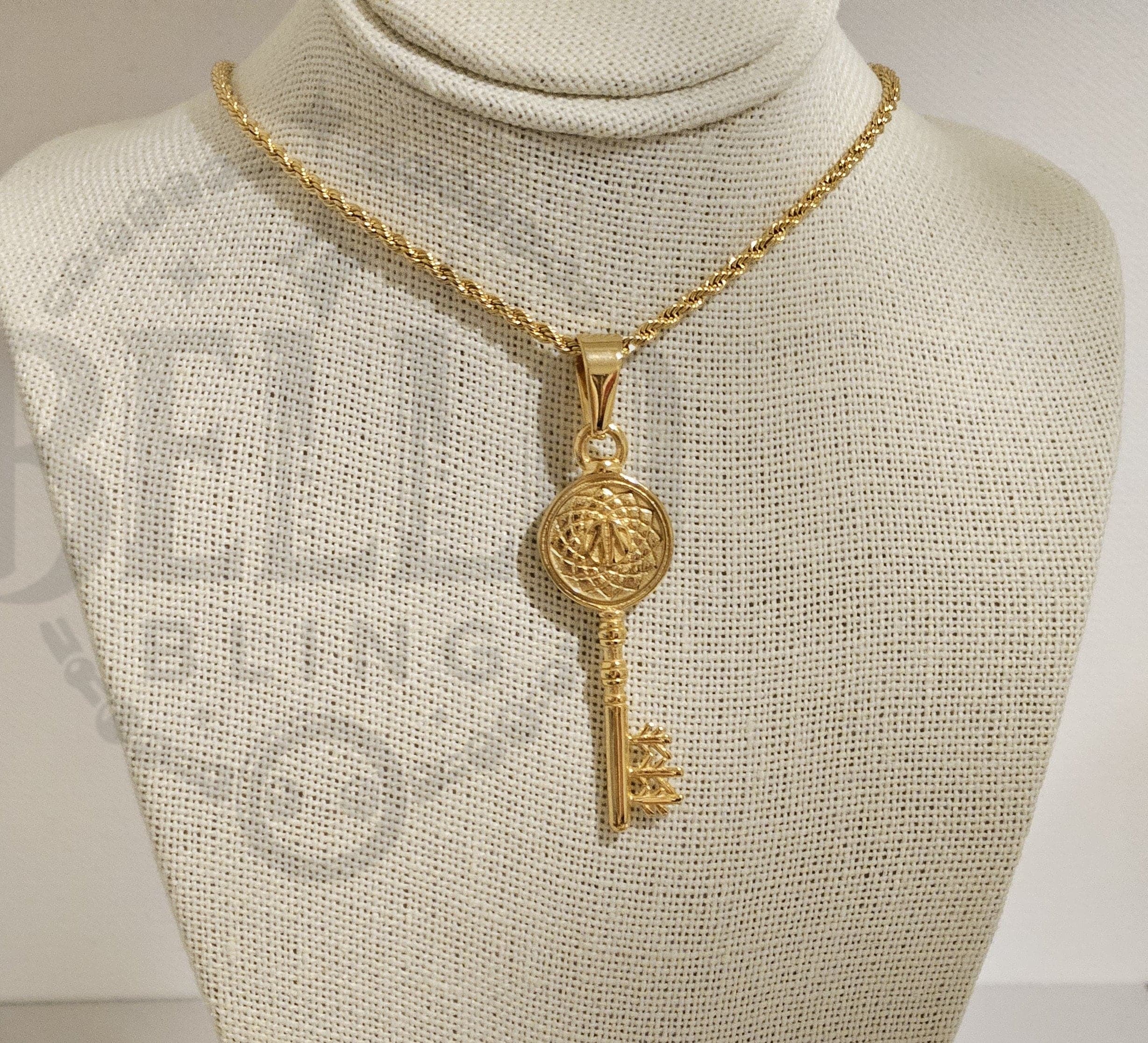 14k Gold Plated Key Pendant Necklace: Stainless Steel Friendship Jewelry