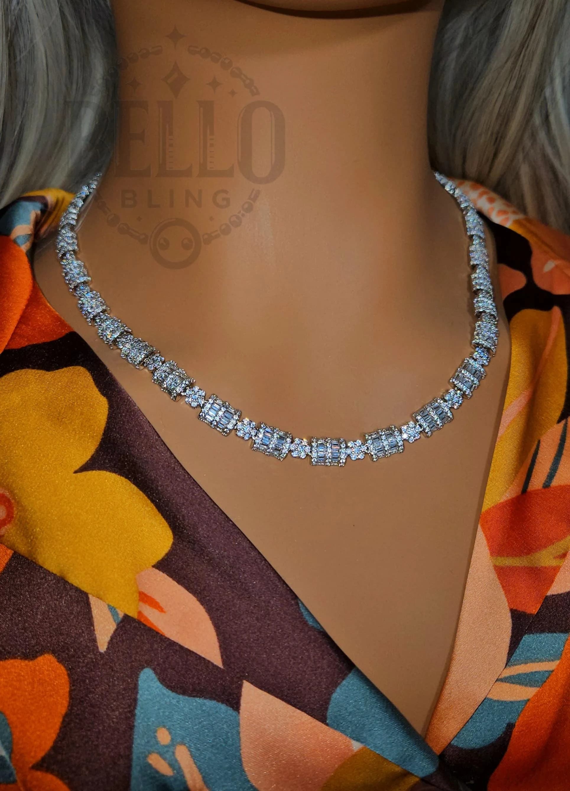 8mm 20" Flower Tennis Silver Chain Necklace, Iced Prong Handset Cz Diamond Tennis Choker Chain, Ice Out Tennis Necklace, Men Women Jewelry