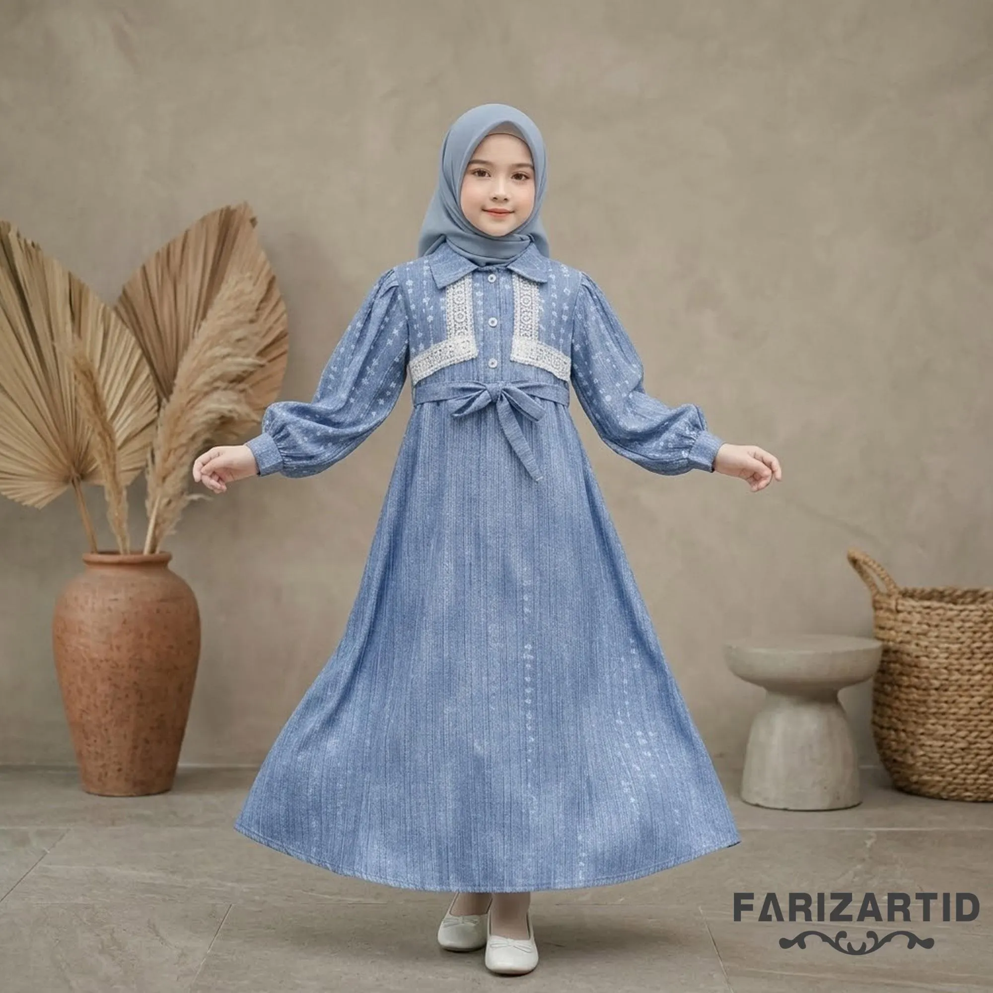 Girls Floral Denim Blue Gamis Crinkle Cotton Modest Dress