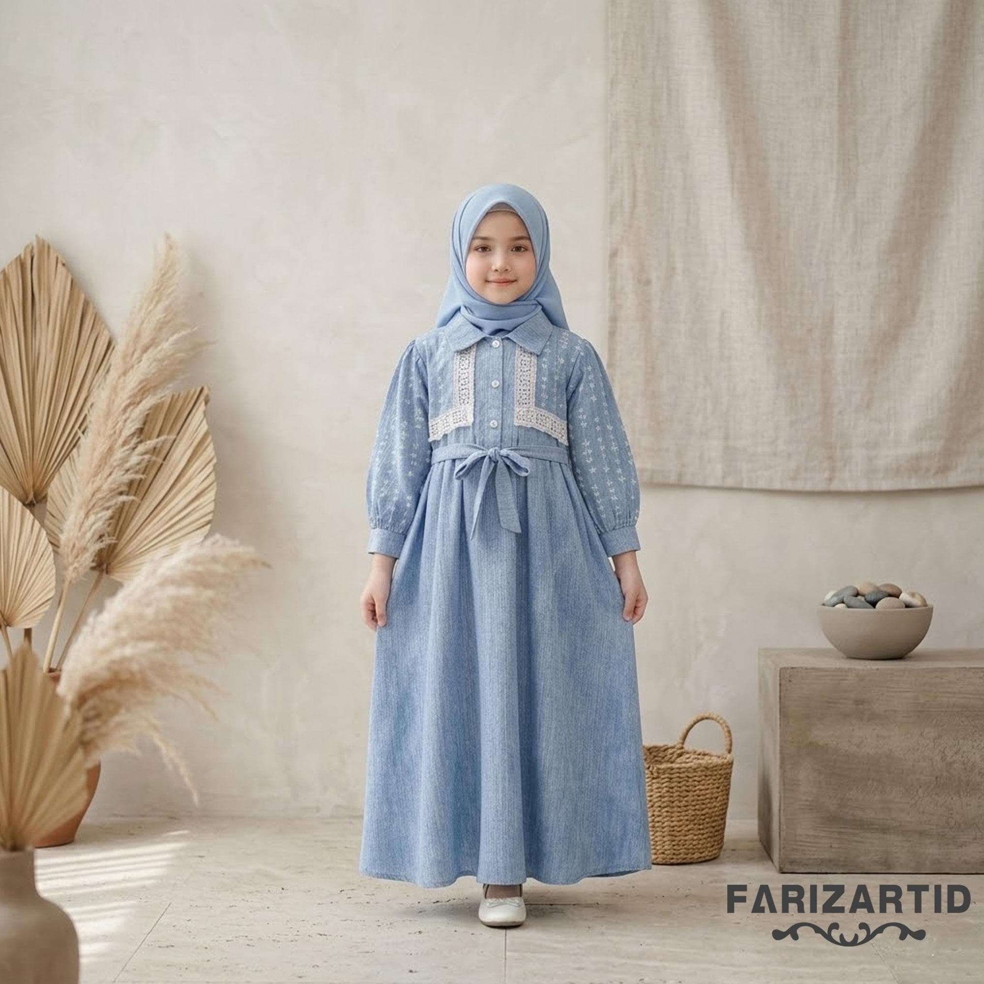 Girls Floral Denim Blue Gamis Crinkle Cotton Modest Dress