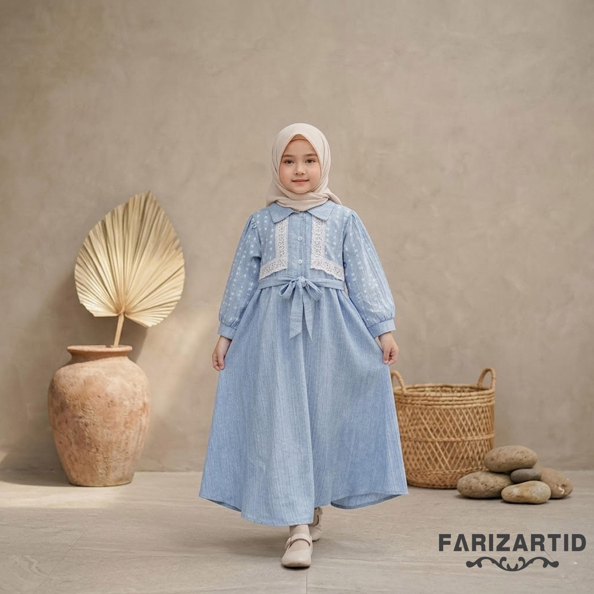 Girls Floral Denim Blue Gamis Crinkle Cotton Modest Dress