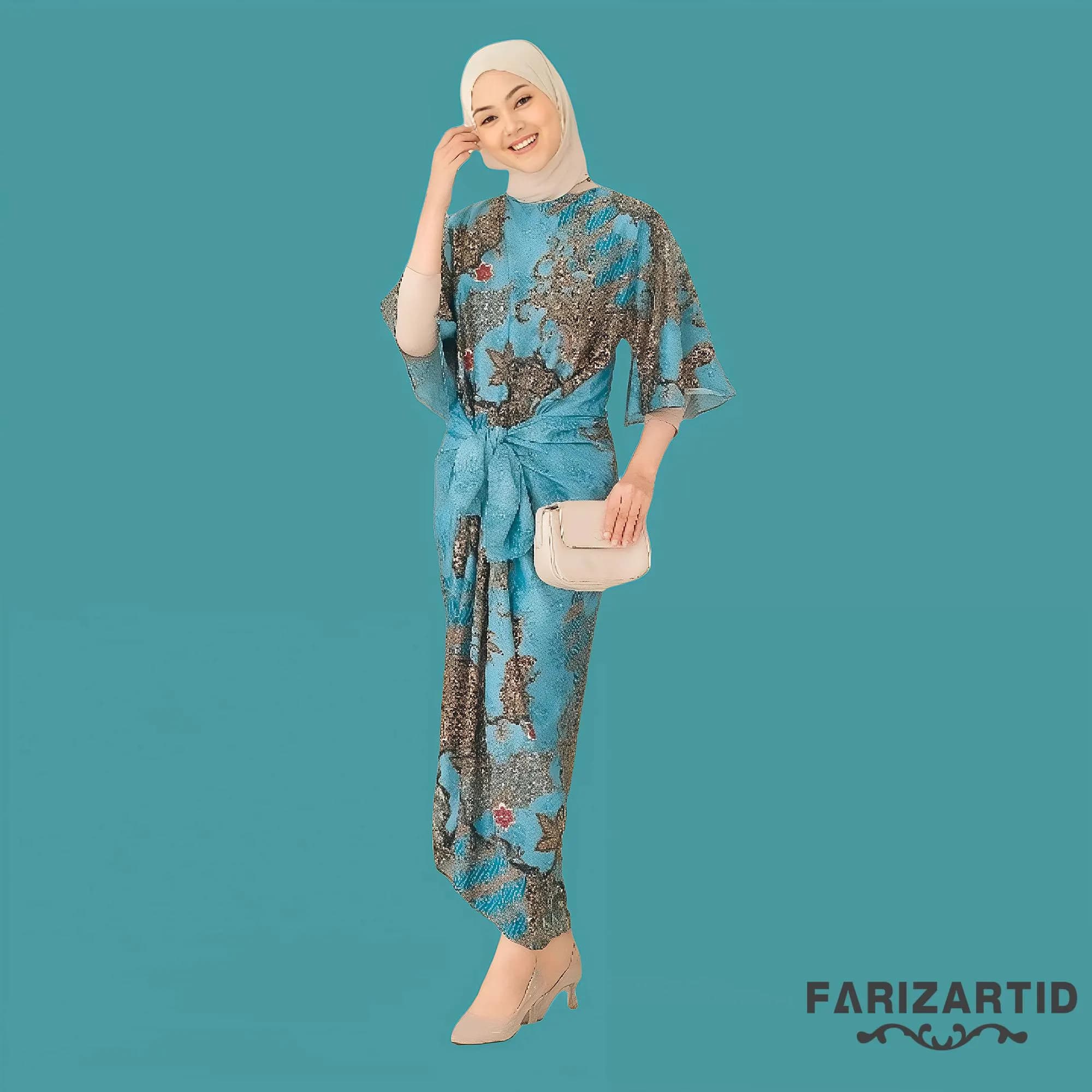 Serene Elegance: Turquoise Patterned Tie Kaftan Harumi Batik,Batik Dress, Boho Dress, Ethnic Dress, Midi Dress, Maxi dress, Bohemian dress