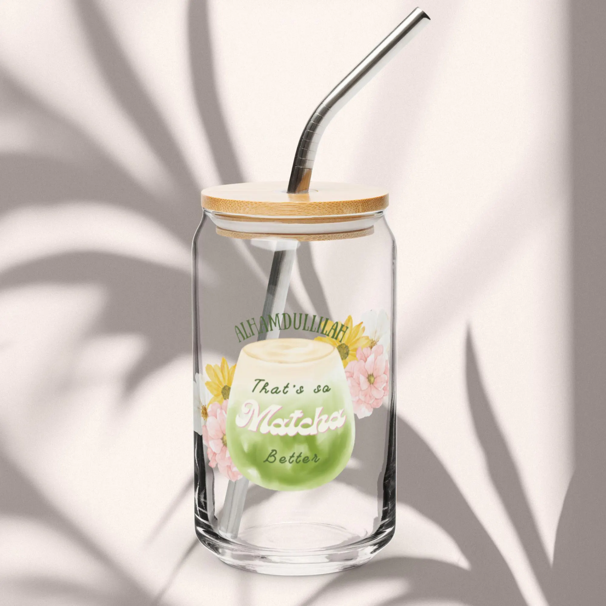 Islamic Matcha Glass Cup, Alhamdulillah Iced Coffee Tumbler, Muslim Hijabi Gift with Bamboo Lid & Metal Straw