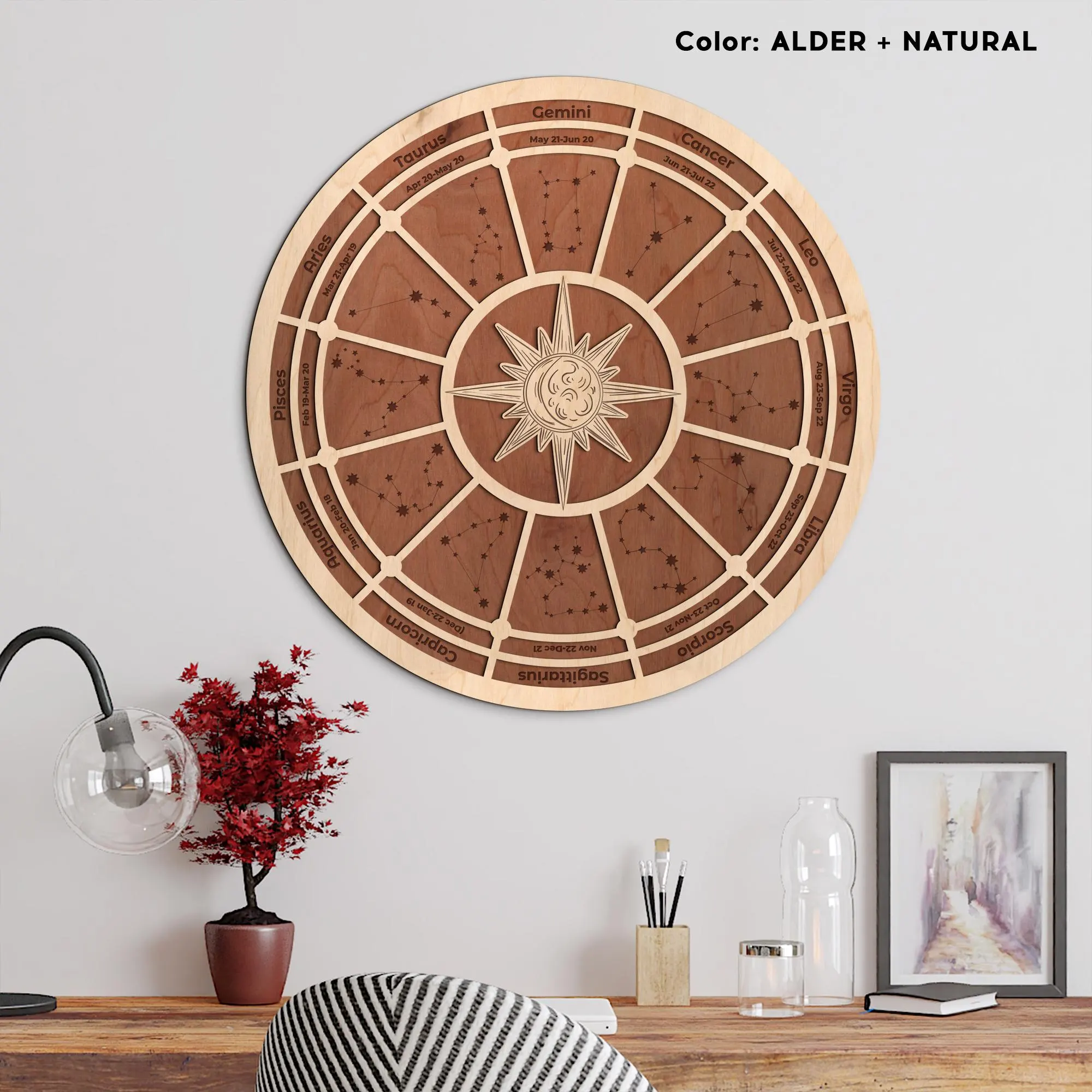 Wooden Zodiac Wheel, Astrology Chart Decor, Engraved Star Sign Wheel, Spiritual Wall Art, Constellation wheel, Mystic Home Decor