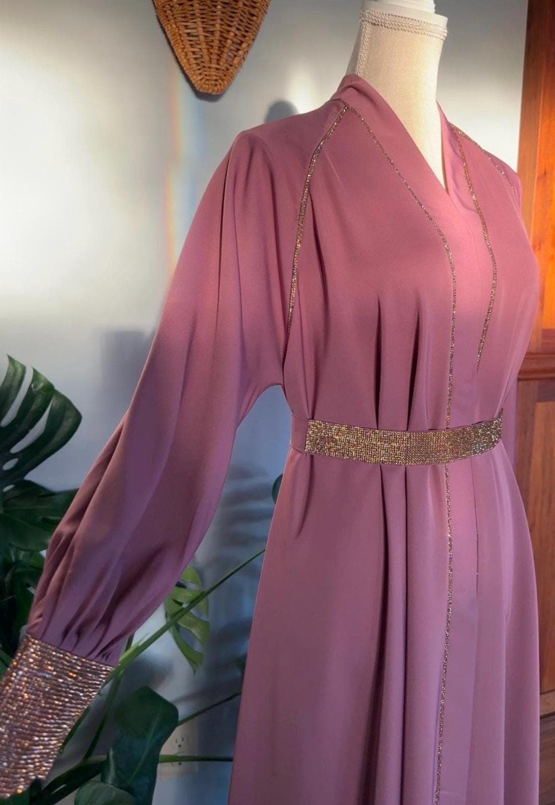 Pink Dubai Abaya: Gold Embellished Evening Dress with Headscarf