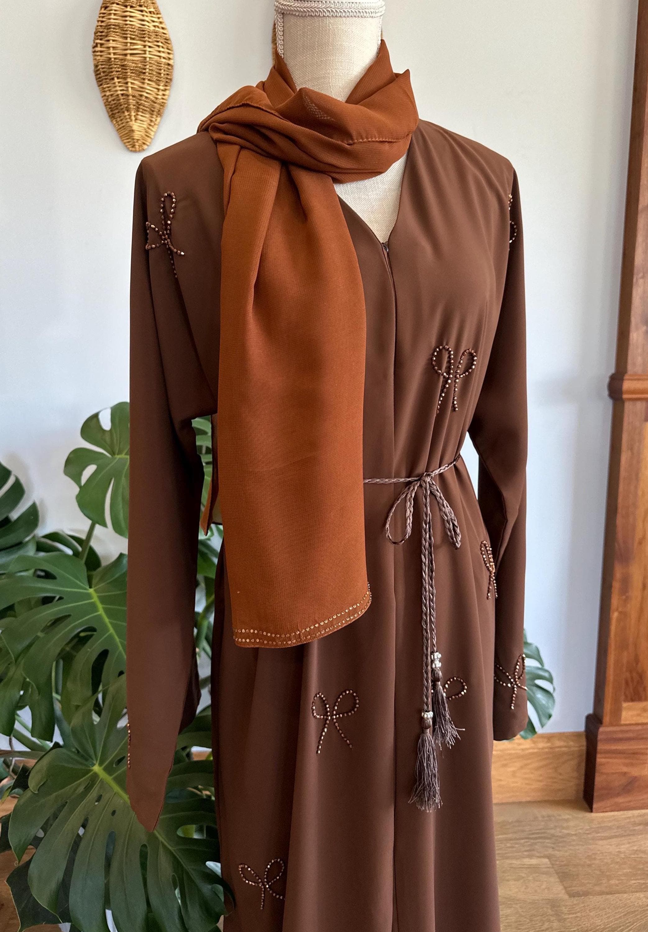 Brown Dubai Abaya with Bedazzled Bows, Women's Modest Dress - image 5