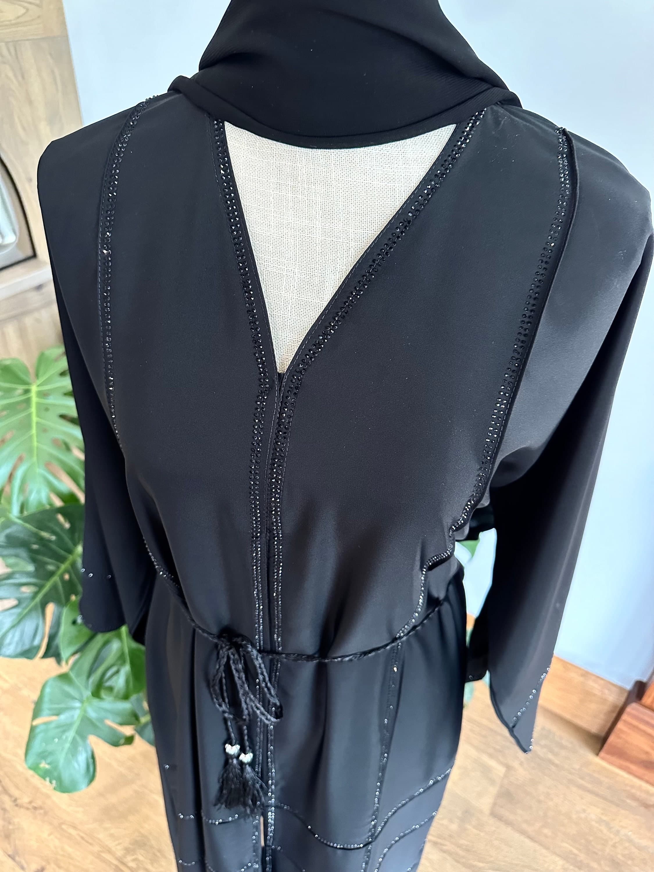 Black Checkered Embellished Abaya with Belt & Headscarf - image 4