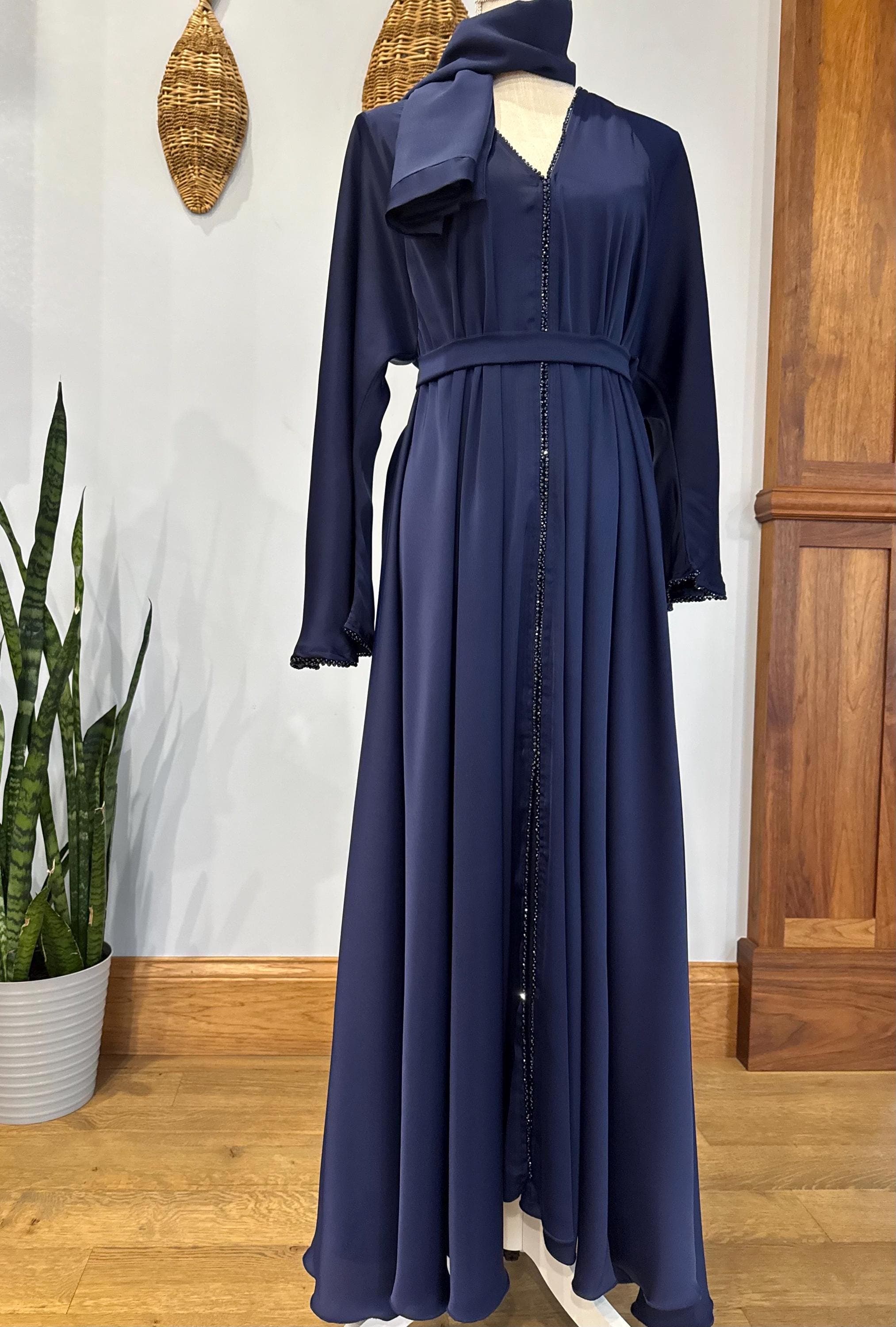 Navy Blue Elegant Abaya with Matching Belt & Headscarf - image 4