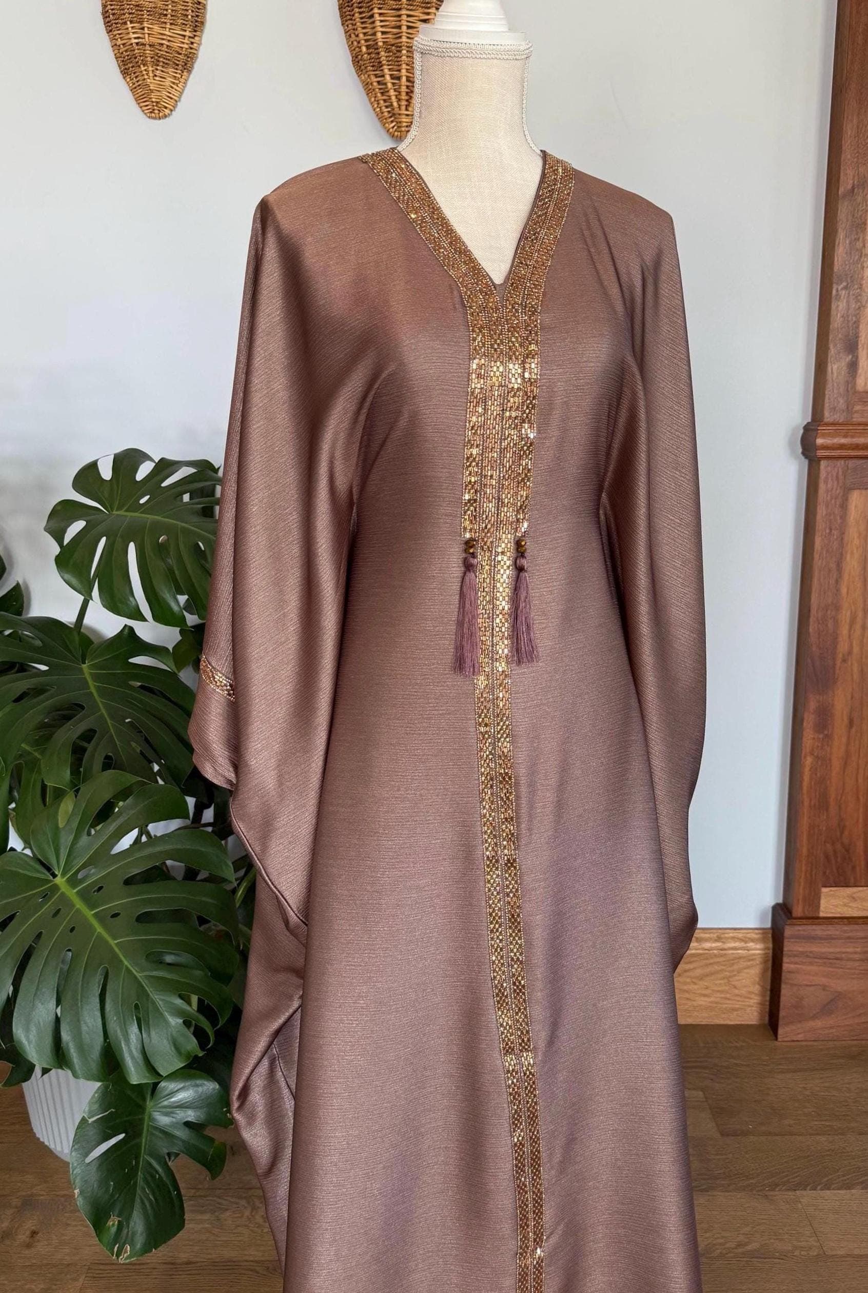 Brown Butterfly Abaya: Dubai Style Women's Evening Dress with Headscarf