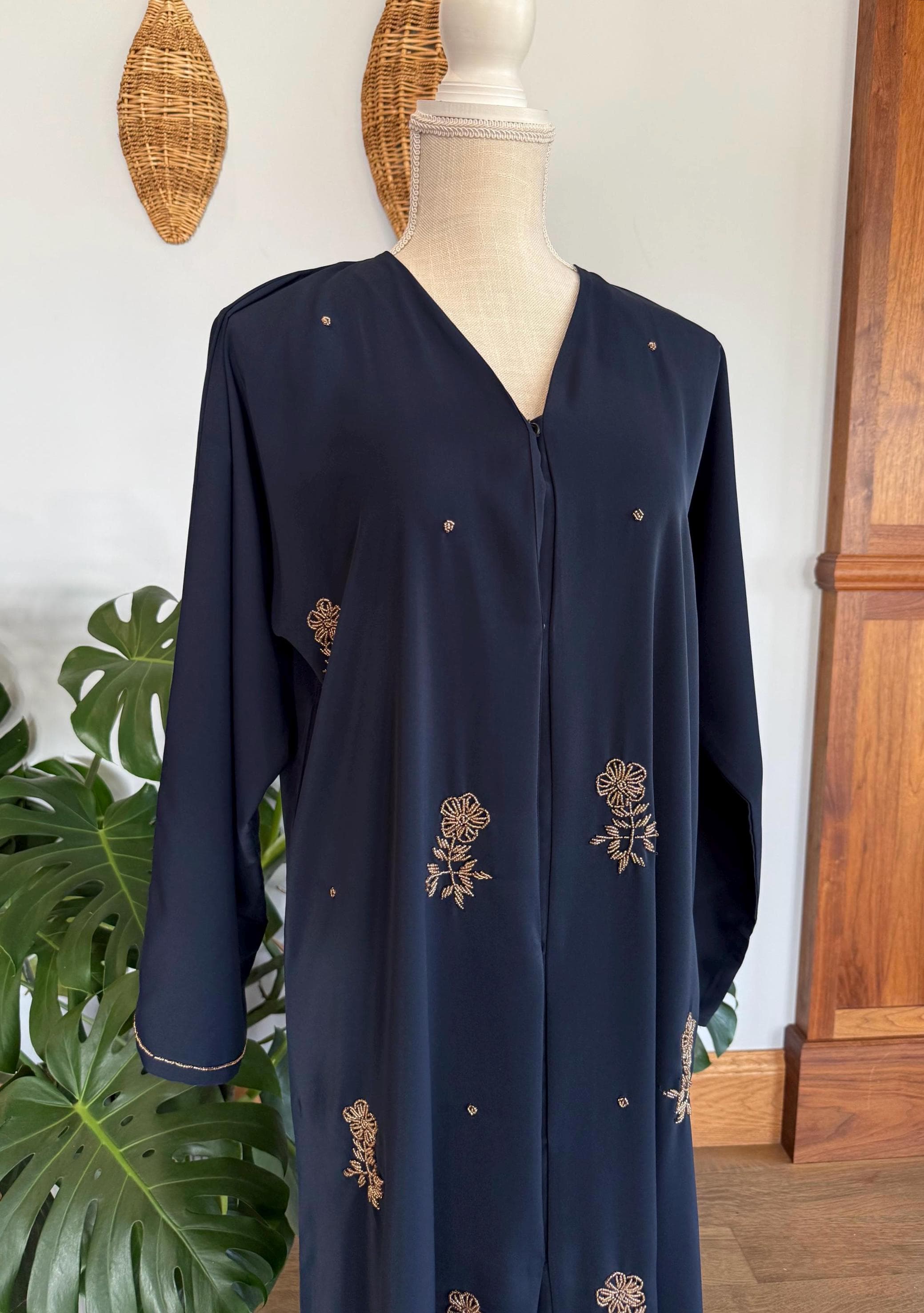 Navy Blue Beaded Flower Abaya - Elegant Dubai Modest Dress