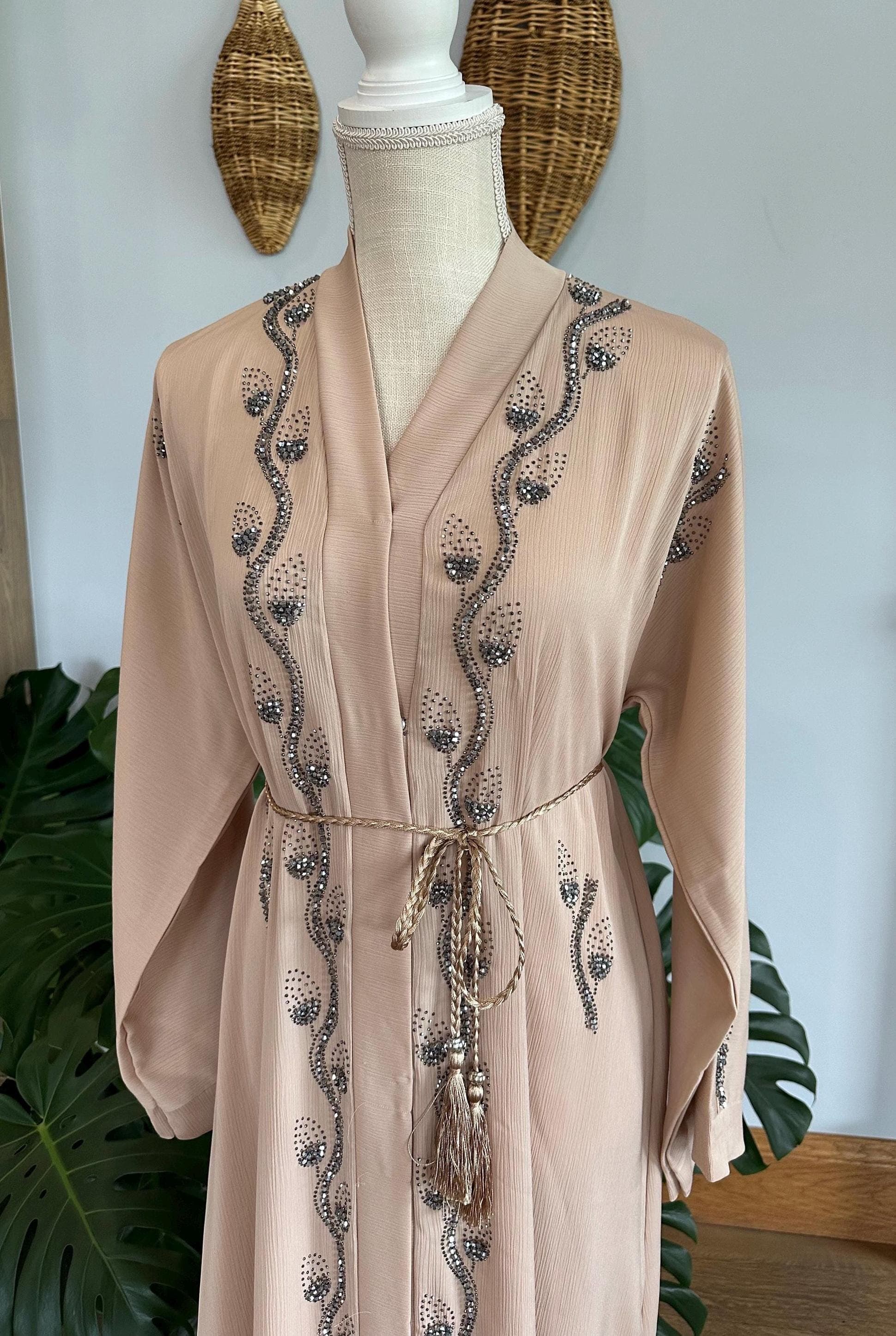 Cream Beige Silver Beaded Abaya - Elegant Dubai Modest Dress - image 4