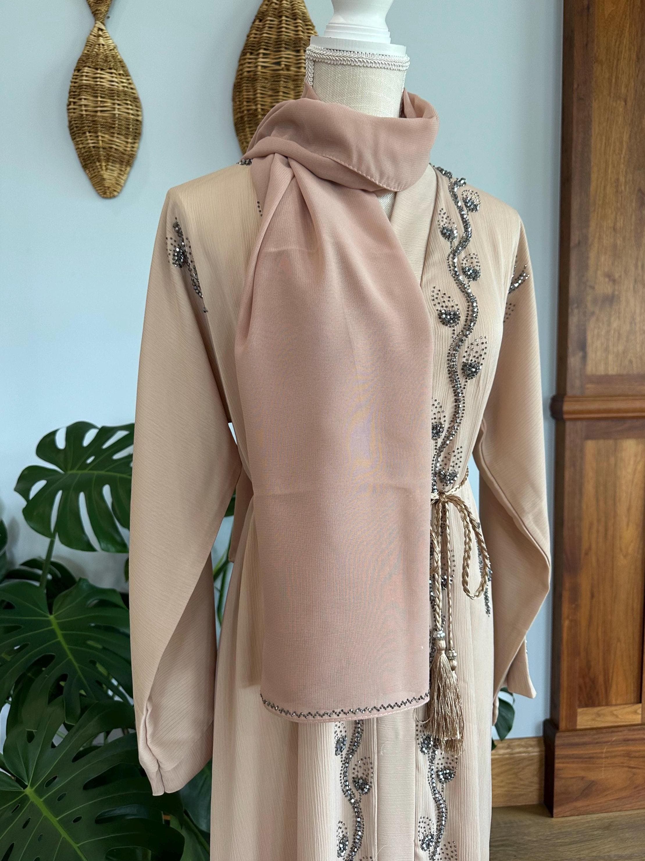 Cream Beige Silver Beaded Abaya - Elegant Dubai Modest Dress - image 5