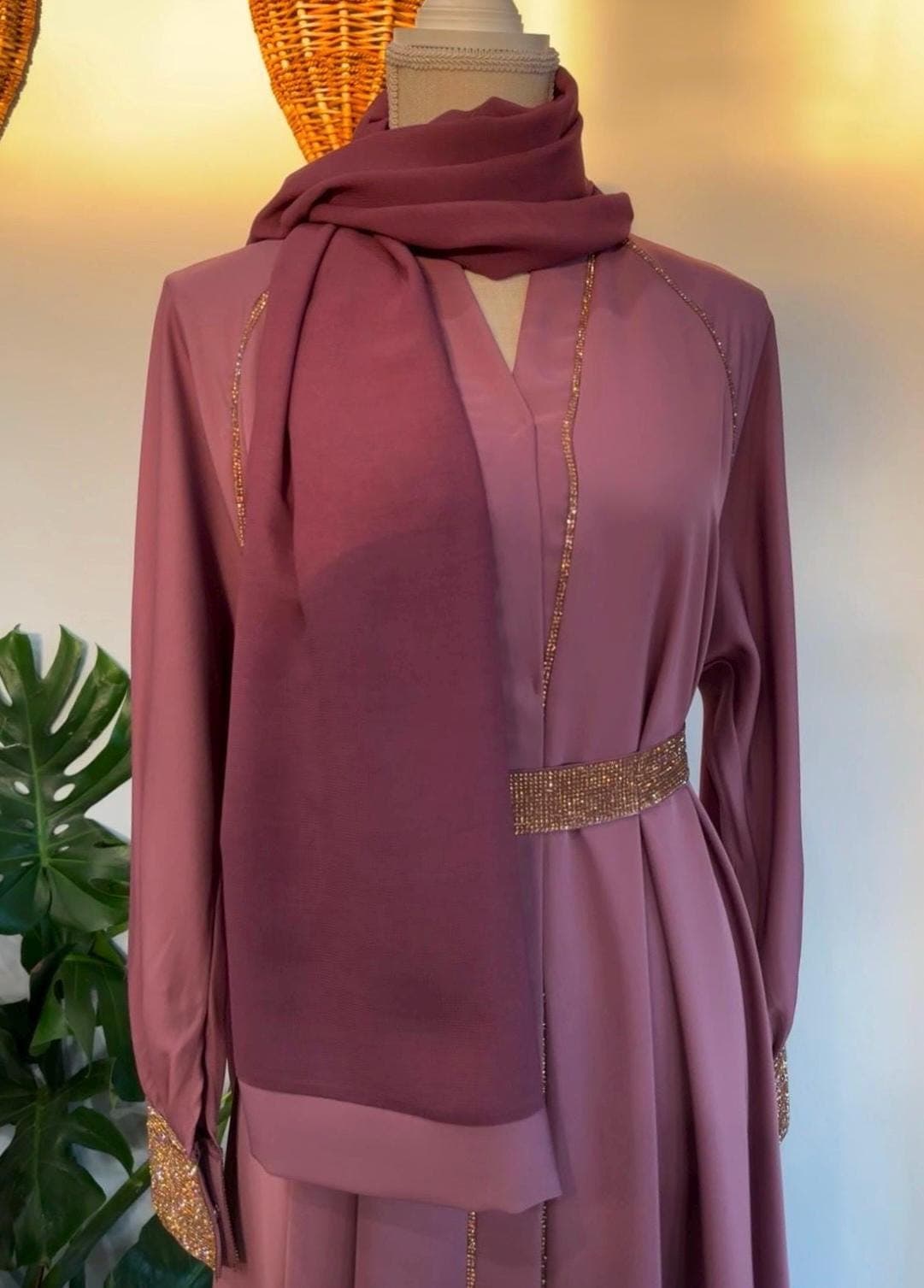 Pink Dubai Abaya: Gold Embellished Evening Dress with Headscarf - image 4